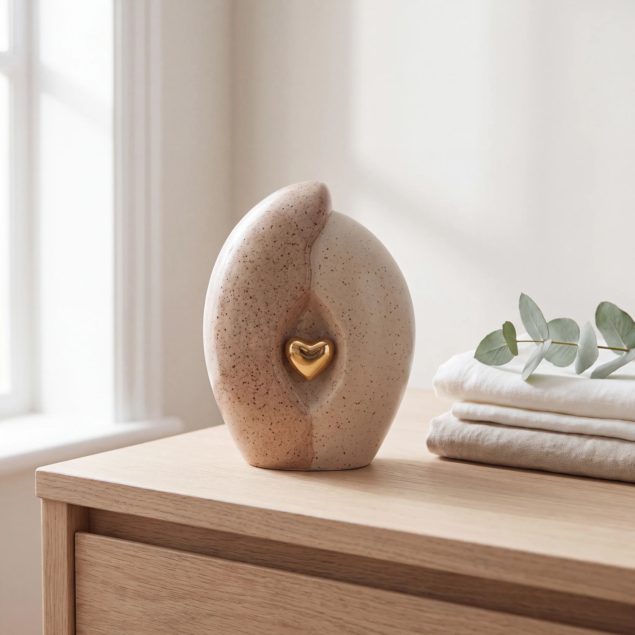 Embrace-Heart-Small-Urn-for-Ashes-in-Brown-and-Gold-Folded-Linen