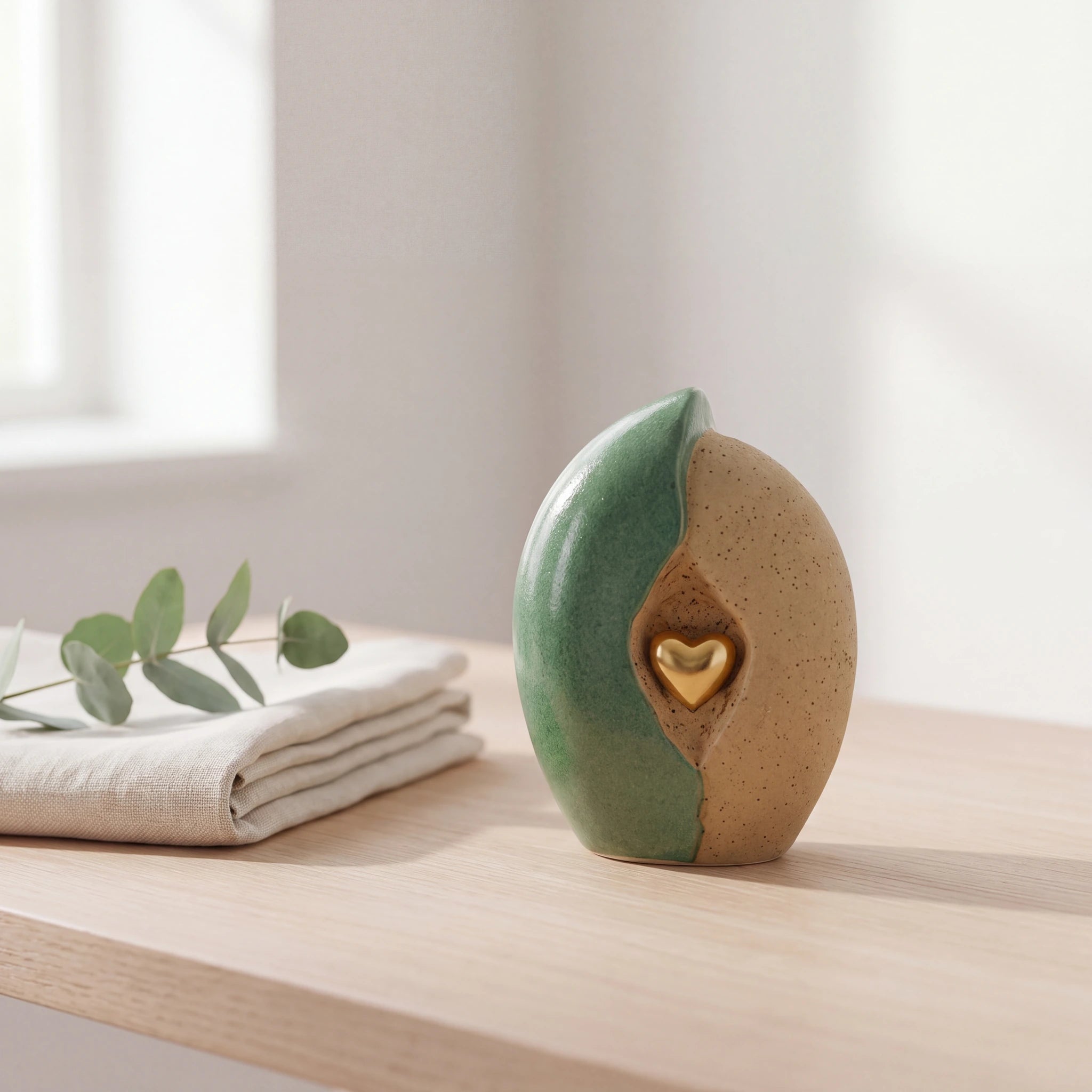 Embrace-Heart-Small-Urn-for-Ashes-in-Fern-Green-and-Sand-Folded-Linen