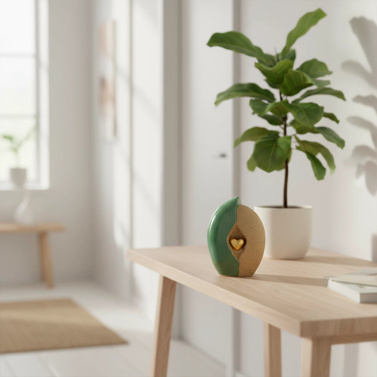 Embrace Heart Small Urn for Ashes in Fern Green and Sand