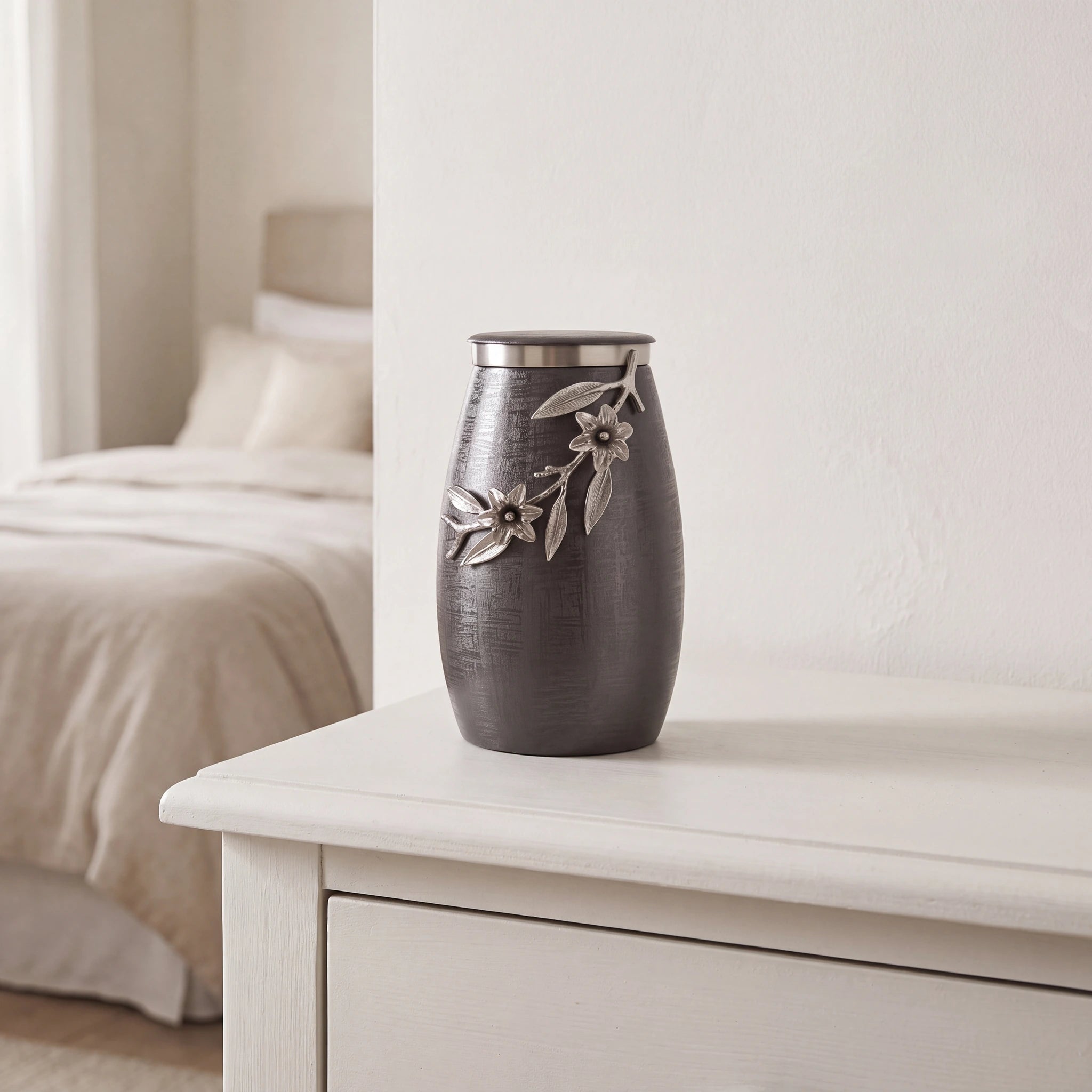 Eternal Bloom Metal Adult Cremation Urn for Ashes in Grey and Silver
