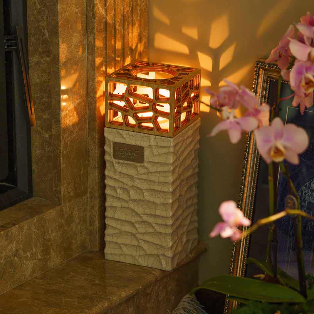 Eternal Lantern Candle Adult Cremation Urn for Ashes Crackle Glaze Left In Doors Above Angle