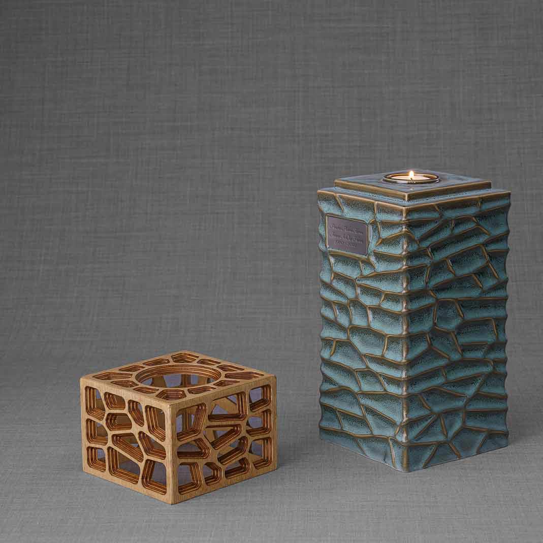 Eternal Lantern Candle Adult Cremation Urn for Ashes Oily Green Front Left with Lid Off
