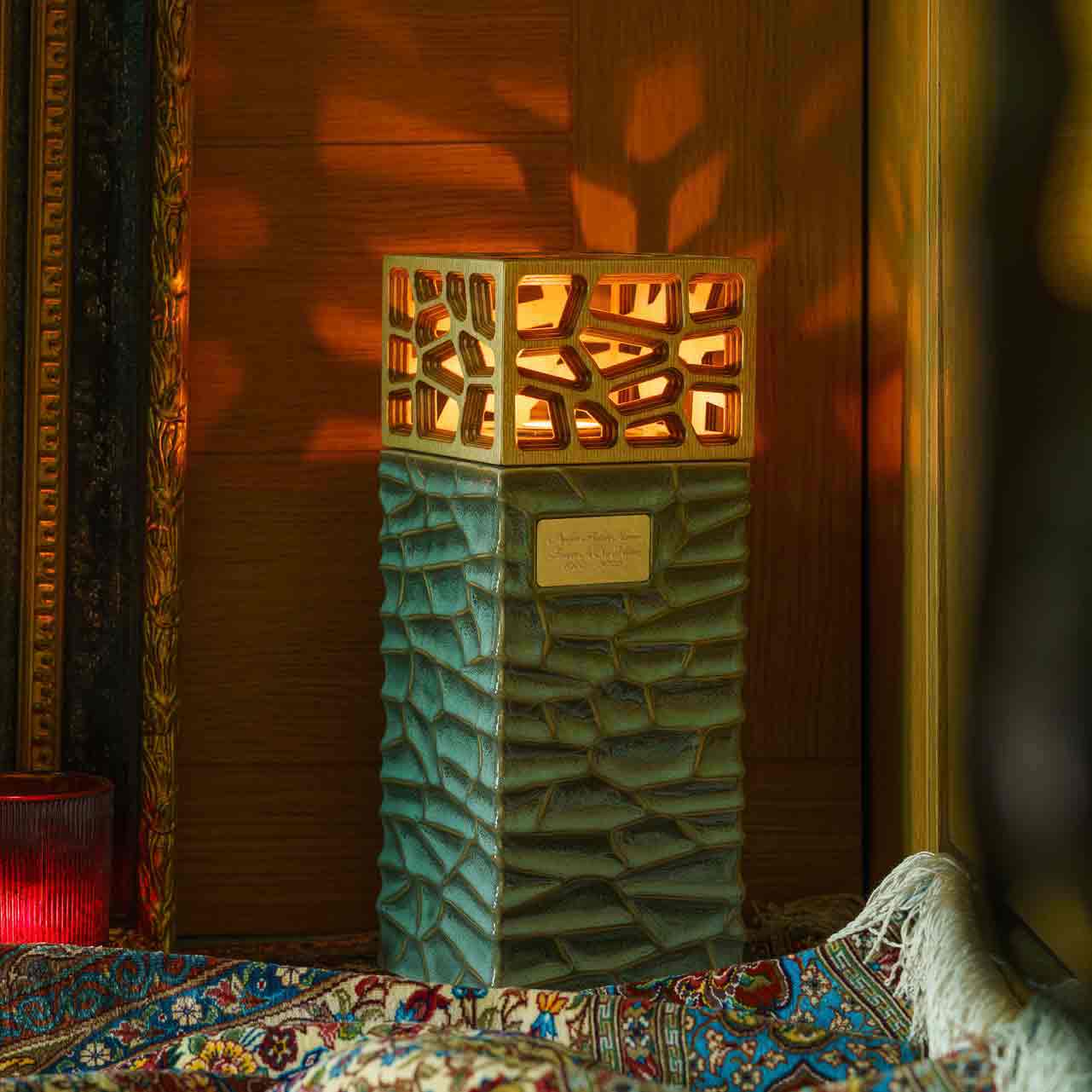 Eternal Lantern Candle Adult Cremation Urn for Ashes Oily Green Front Right Indoors