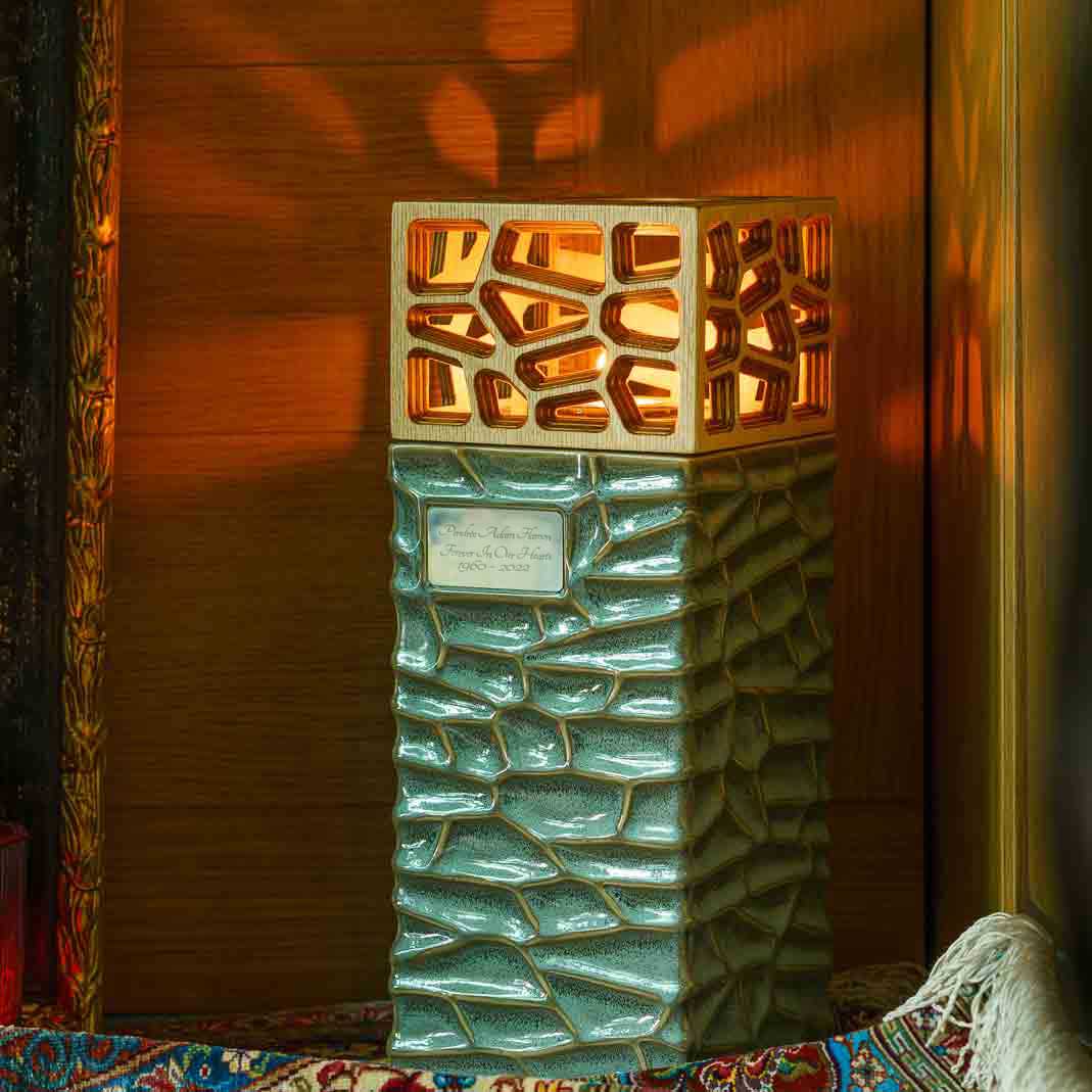 Eternal Lantern Candle Adult Cremation Urn for Ashes Oily Green Left Indoors