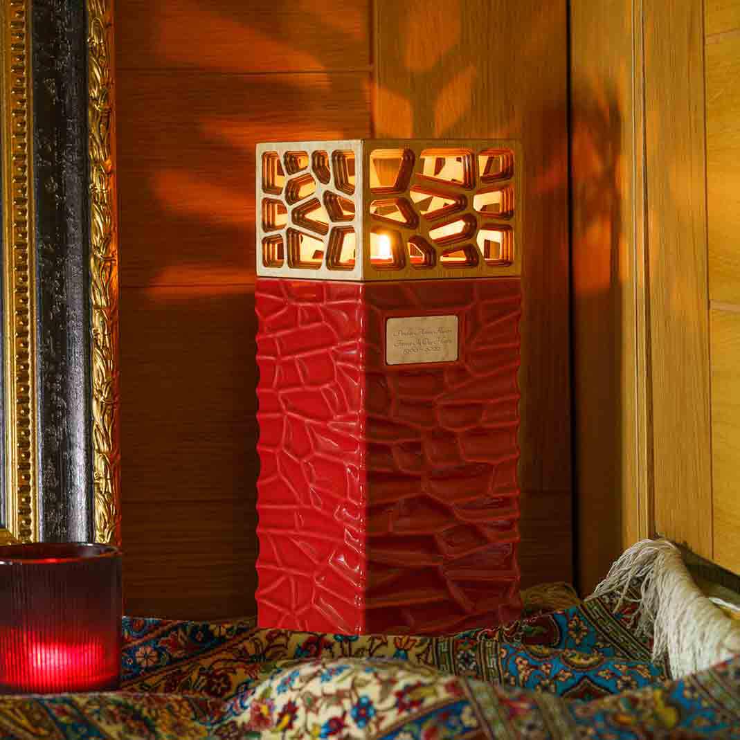 Eternal Lantern Candle Adult Cremation Urn for Ashes Red Right Facing in Home