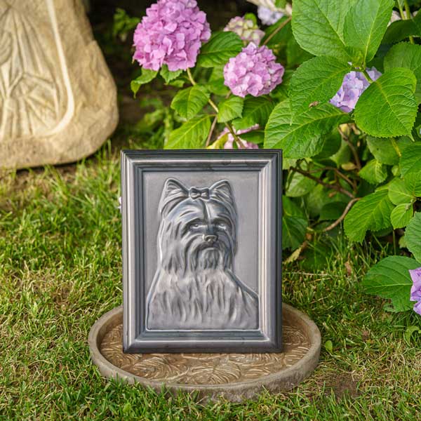 Female Yorkie Dog Urn For Pet Ashes Garden Front View Statue Flowers