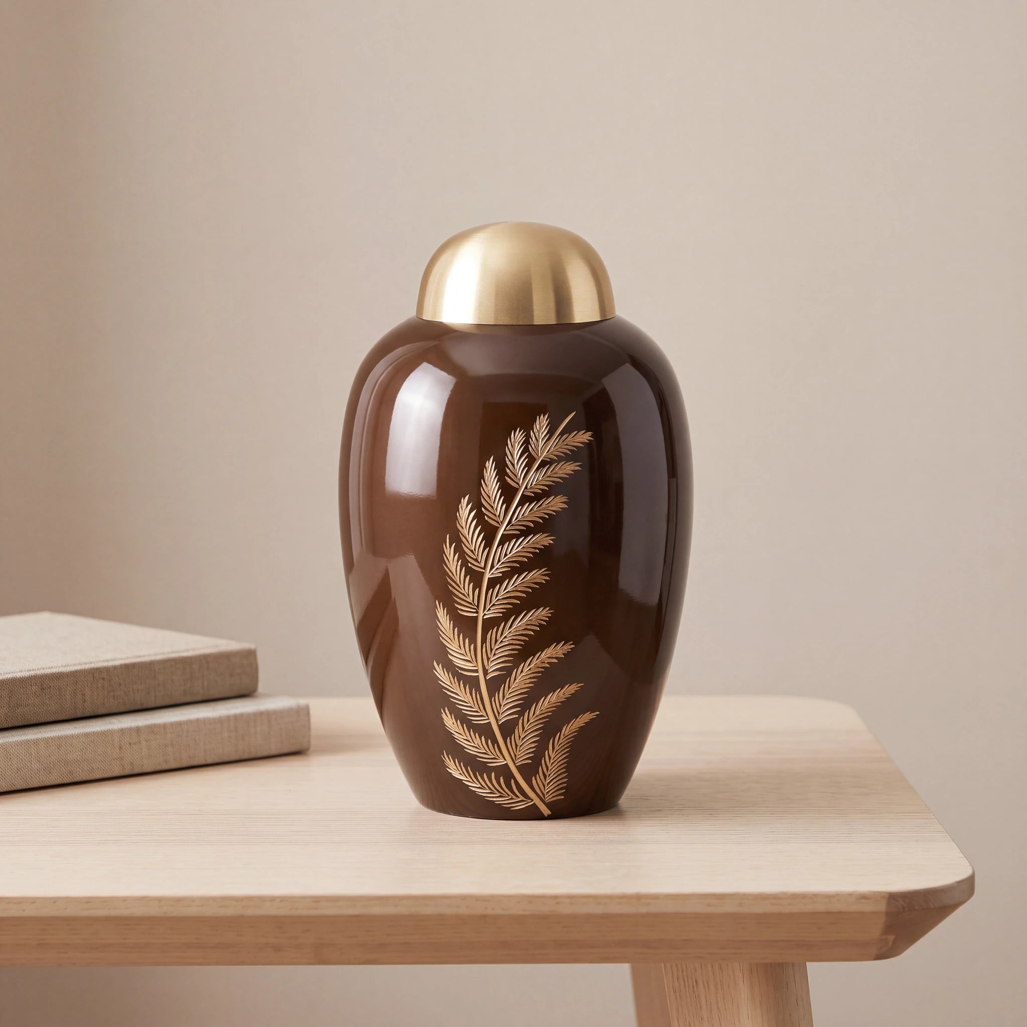 Fern Metal Adult Cremation Urn for Ashes in Brown and Gold
