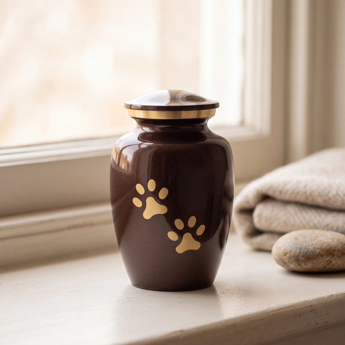 Golden-Pawprints-Pet-Urn-for-Ashes-in-Dark-Brown-Gold-Small-pet_sunny_sill