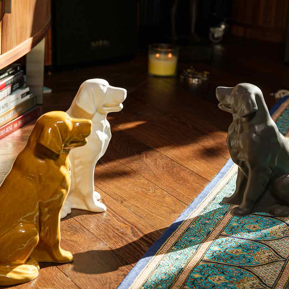 Golden Retriever Pet Urn for Ashes in Gold And Matte White and Matte Grey on Rug