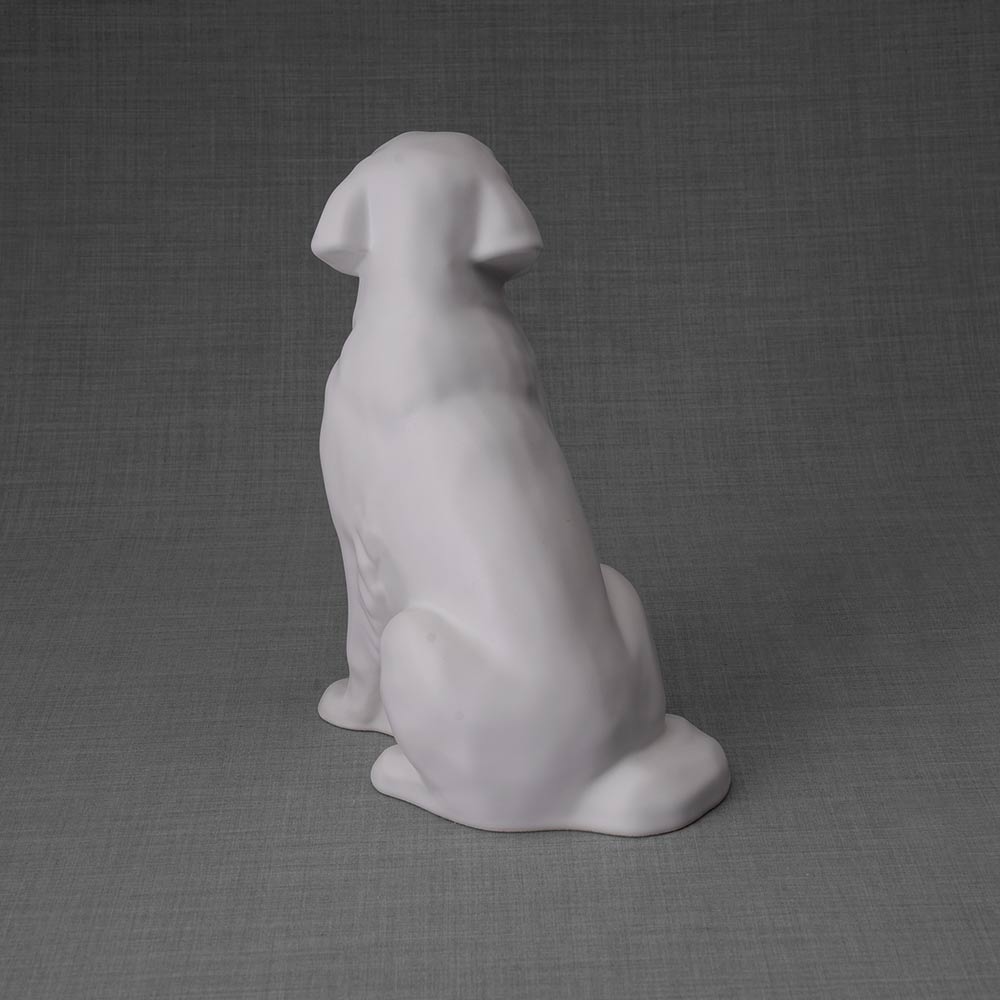 Golden Retriever Pet Urn for Ashes in Matte White Behind