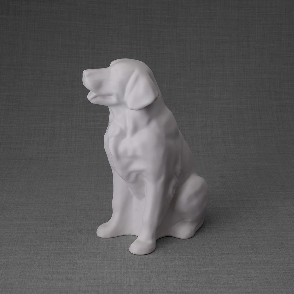 Golden Retriever Pet Urn for Ashes in Matte White Front Left