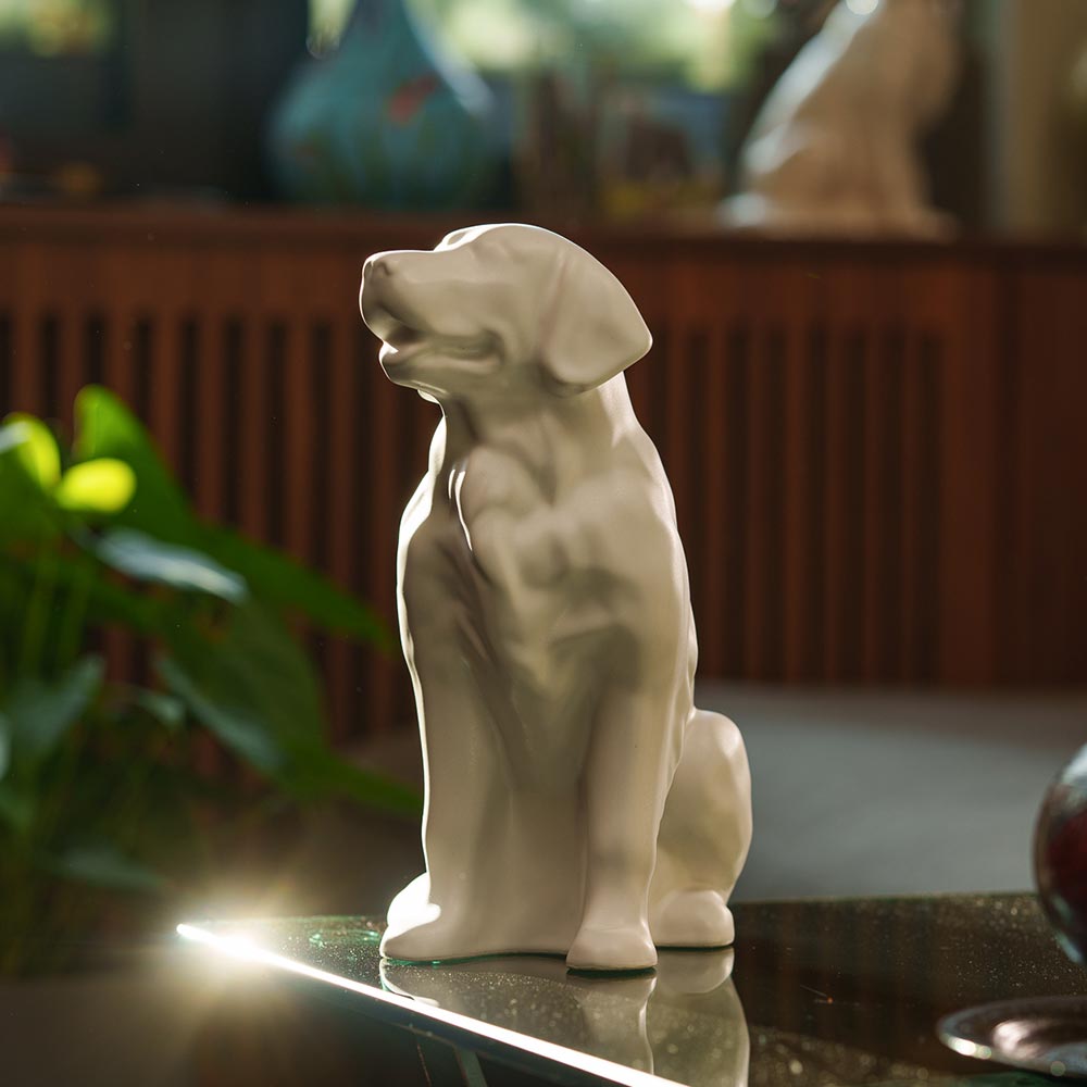 Golden Retriever Pet Urn for Ashes in Matte White on Table Central