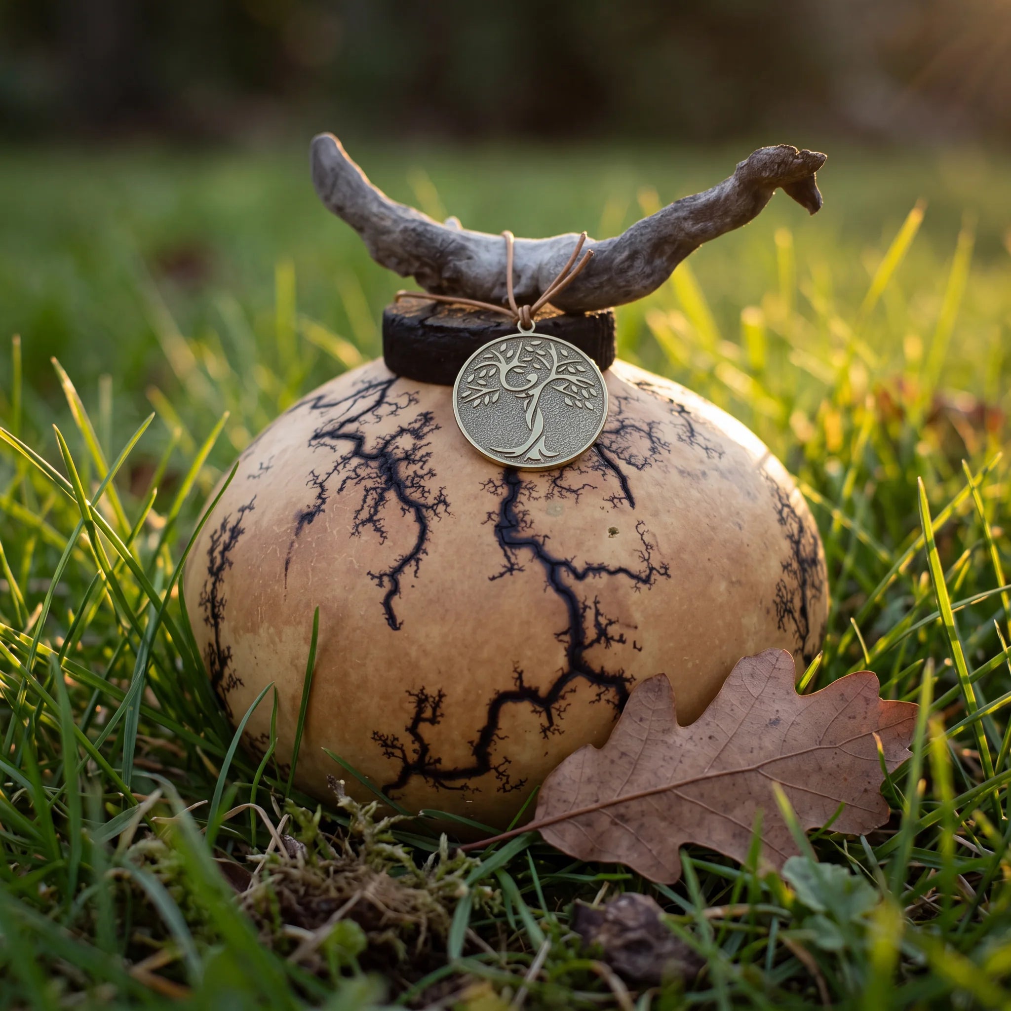 Gourd-Biodegradable-Urn-for-Ashes-with-Bronze-Memorial-Medallion-Token-In-the-Garden