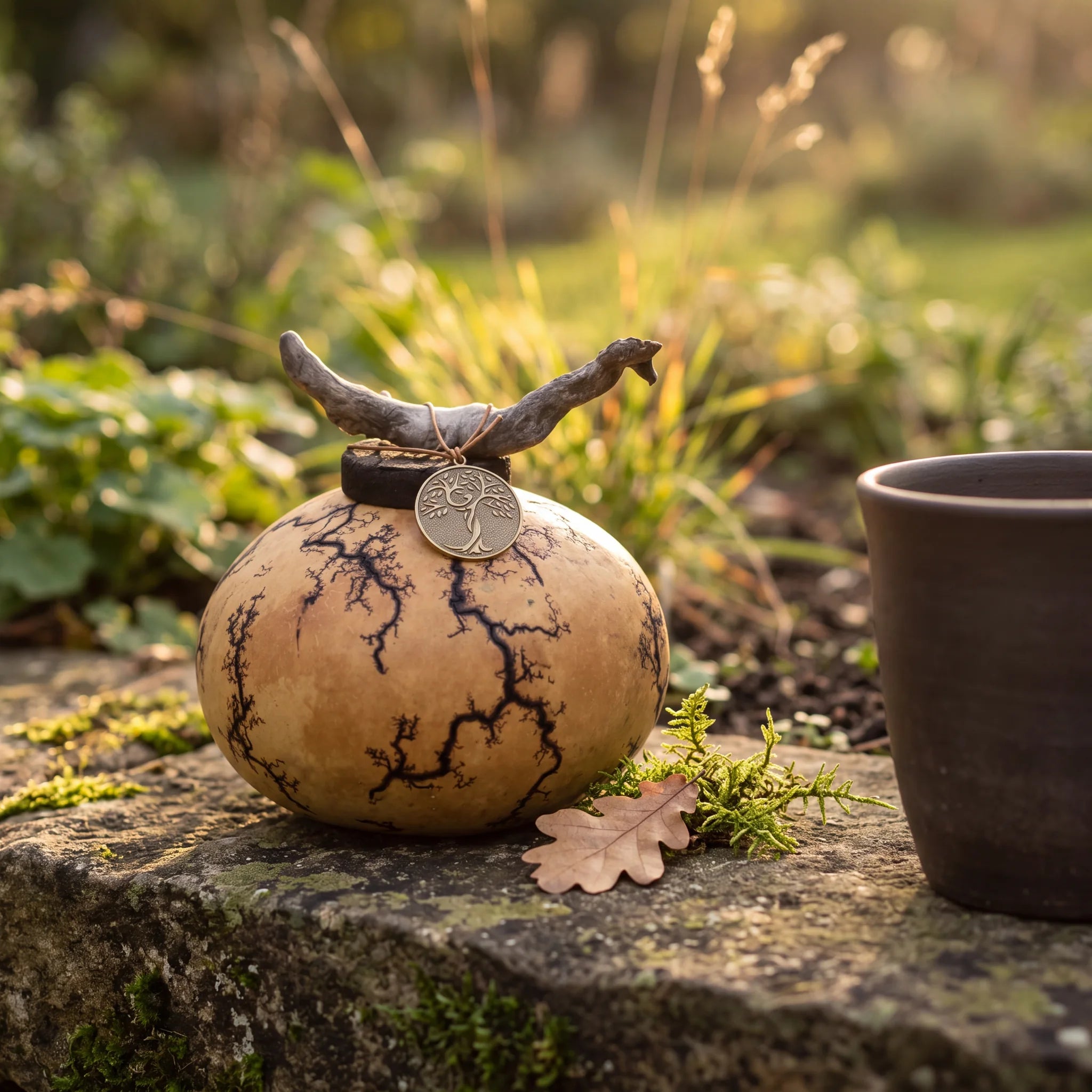 Gourd-Biodegradable-Urn-for-Ashes-with-Bronze-Memorial-Medallion-Token-Outside