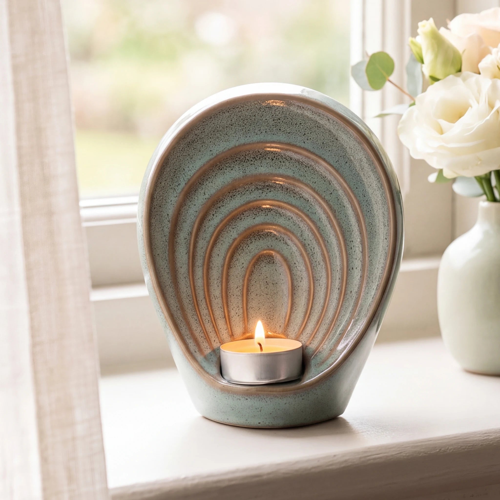 Guardian-Angel-Small-Urn-for-Ashes-in-Oily-Green-keepsake_windowsill_posy-Left-Angle