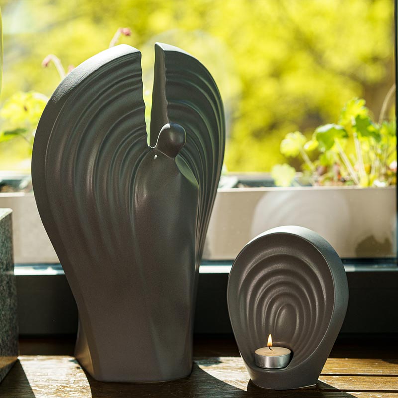 Guardian Cremation Urn for Ashes Charcoal Grey with Keepsake on Windowsill