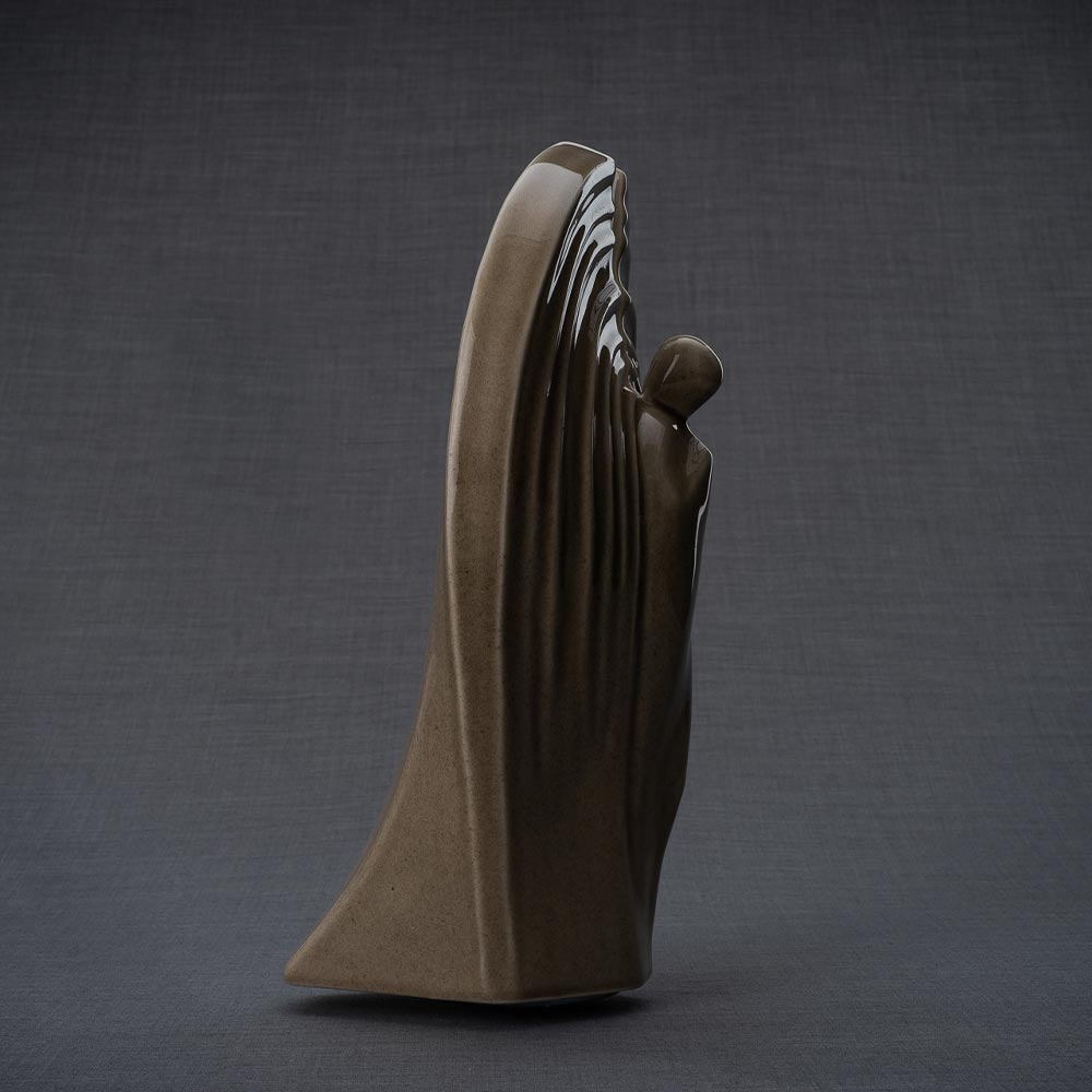 Guardian Cremation Urn for Ashes in Dark Beige Faceing Right Grey Background