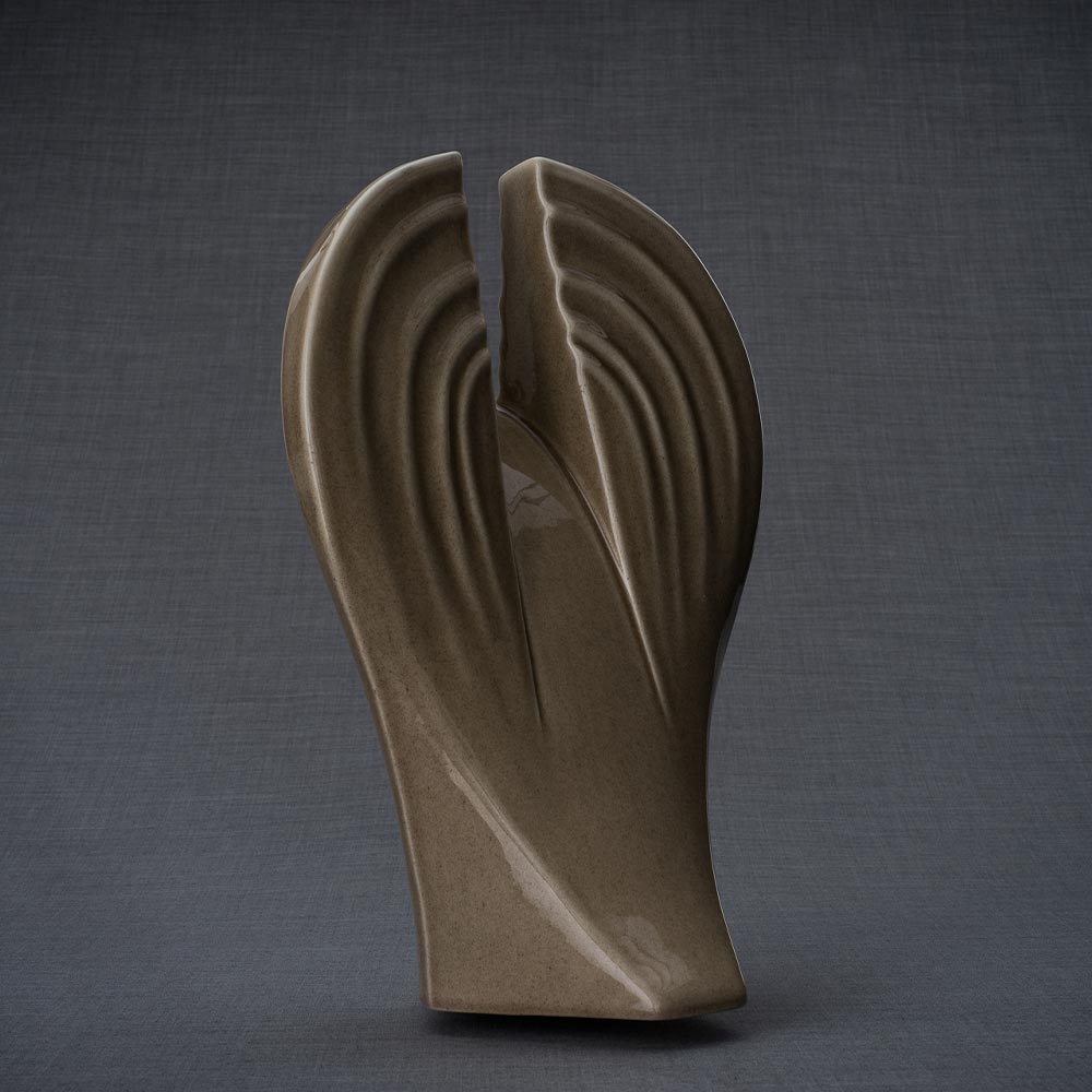 Guardian Cremation Urn for Ashes in Dark Beige Facing Back Left Grey Background