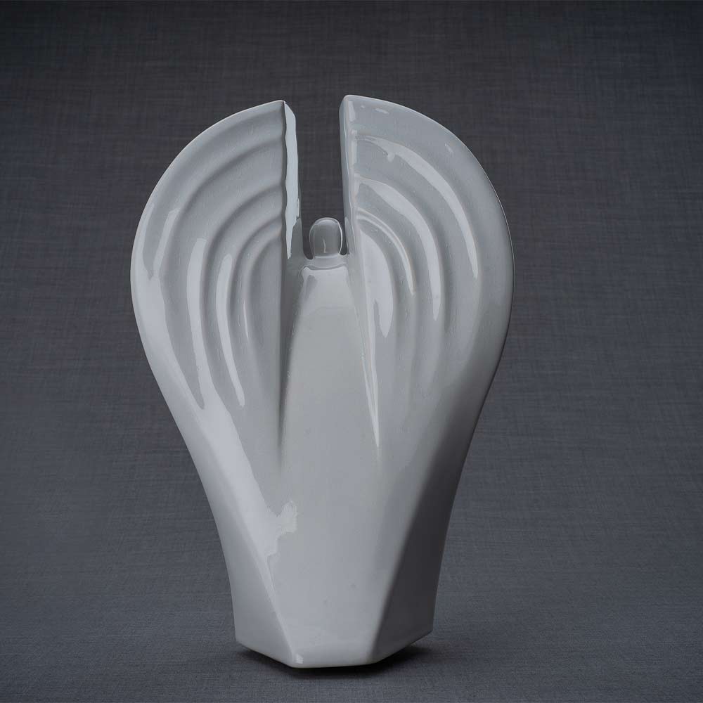 Guardian Cremation Urn for Ashes in White Turned Around Grey Background