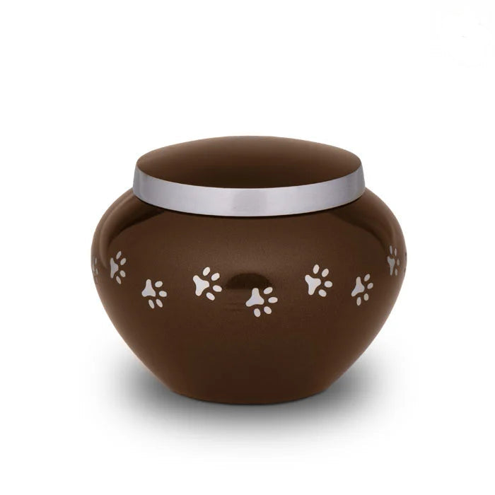 Classic Pawprints Pet Urn for Ashes in Dark Brown & Silver - Small
