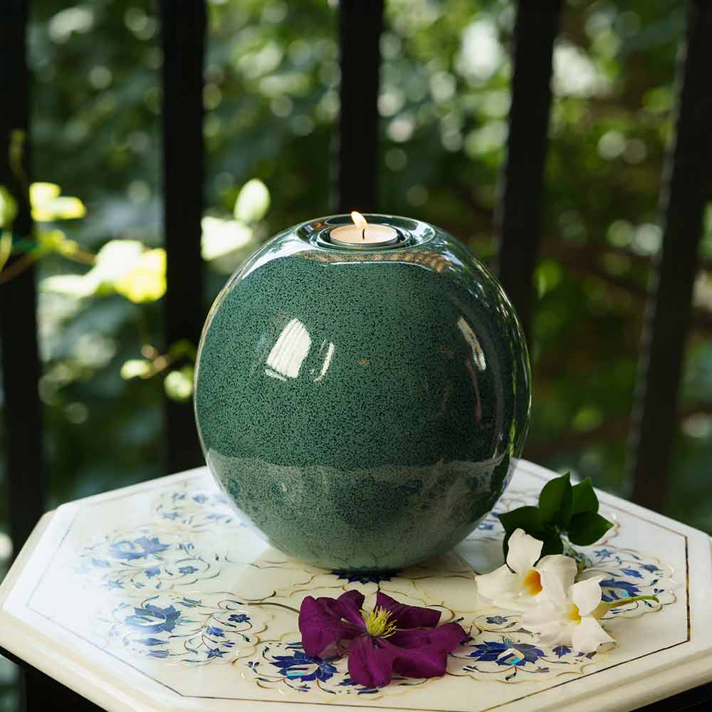 Harmony Adult Cremation Urn for Ashes in Oily Blue Melange Front View Outside in Light