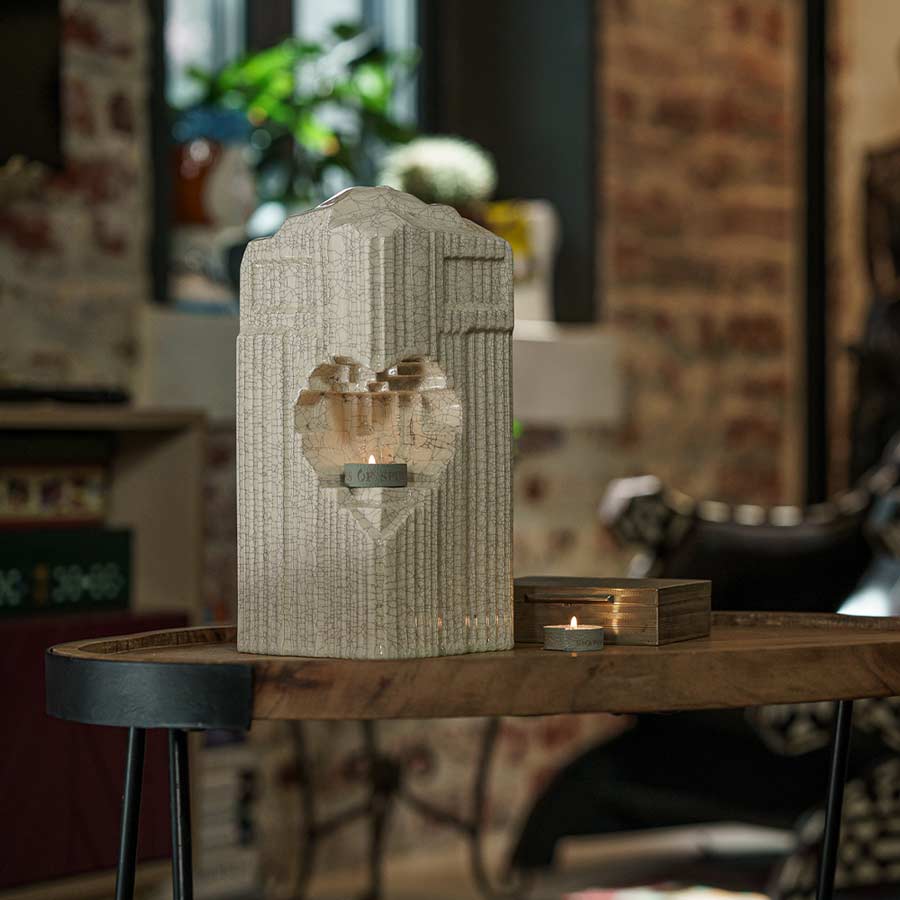 Heart Cremation Urn for Ashes Crackle Glaze on Table Far View