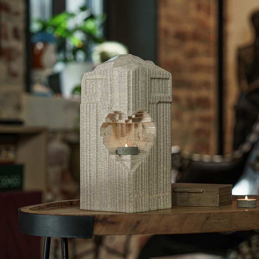 Heart Cremation Urn for Ashes Crackle Glaze on Table