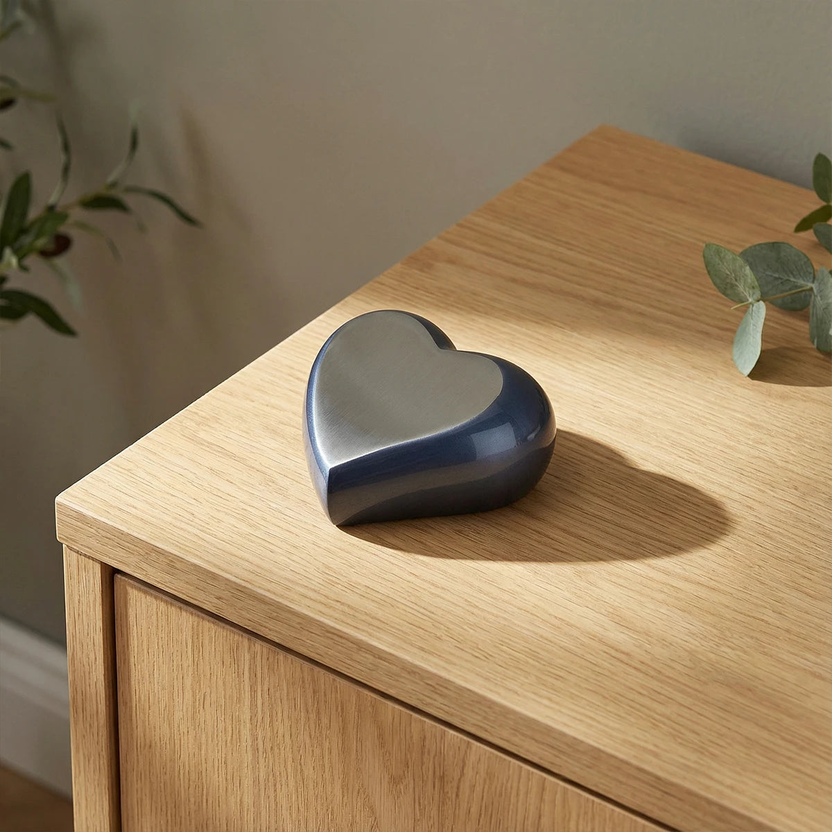 Heart Keepsake Urn for Ashes in Midnight Blue and Silver Metal