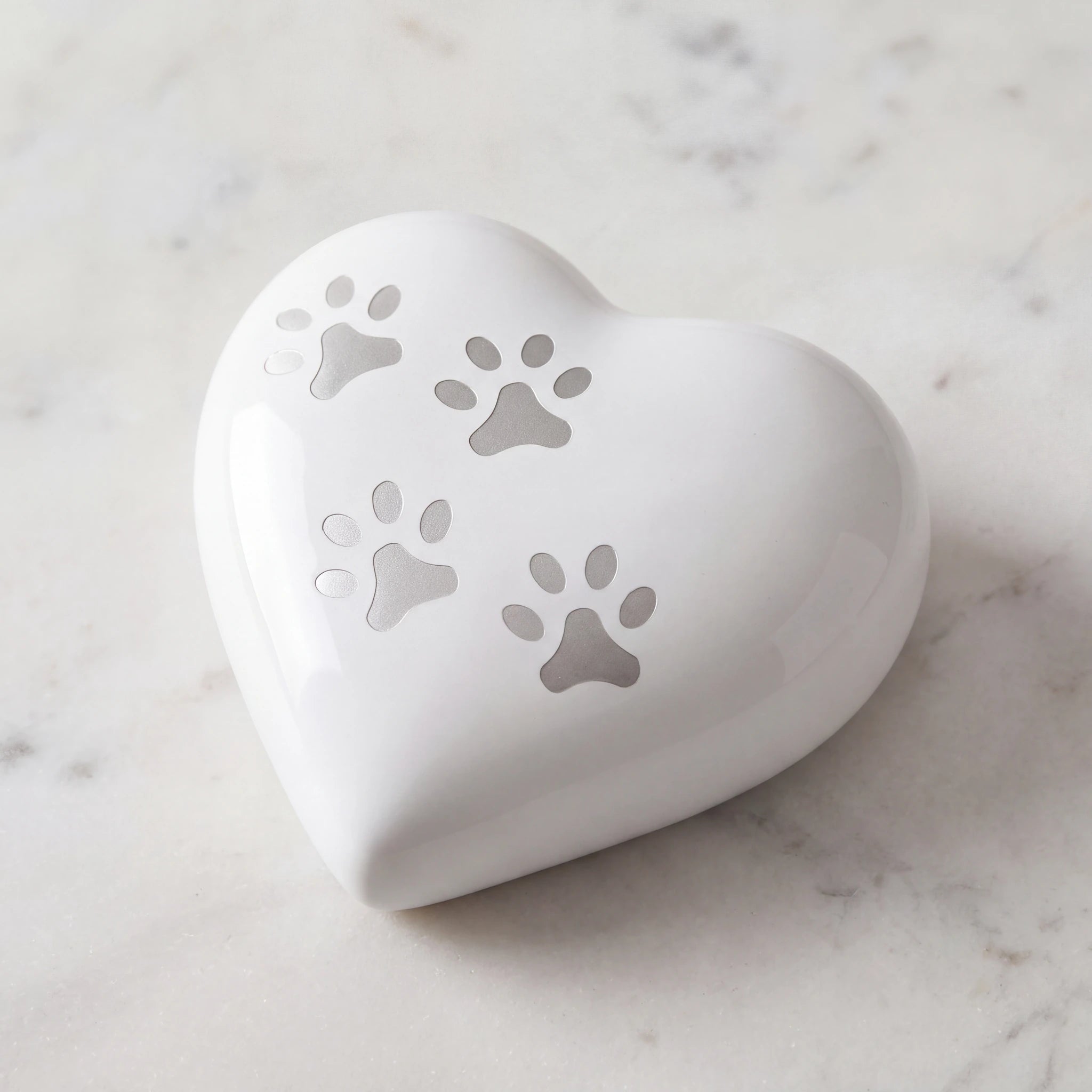 Heart-Pawprints-Pet-Urn-for-Ashes-in-White-Silver-Keepsake-On-Marble