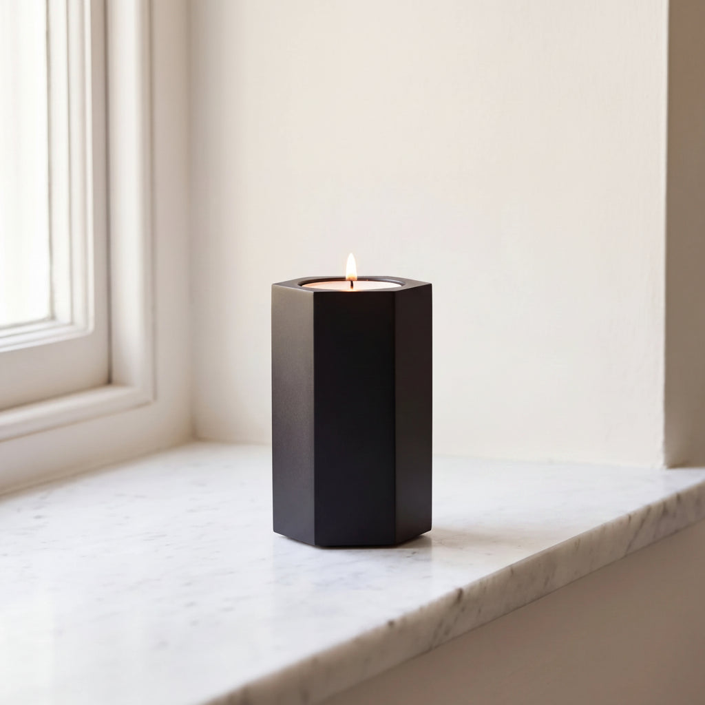 Hexagon-Candle-Extra-Small-Urn-for-Ashes-in-Matte-Black-Stainless-Steel-Marble-Ledge