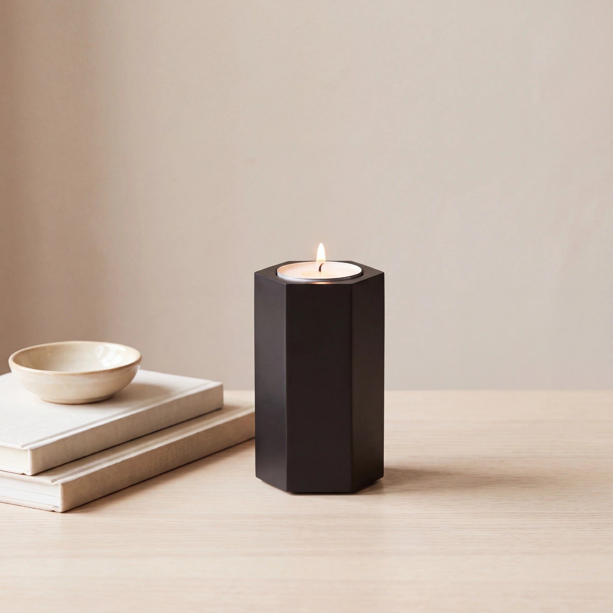 Hexagon-Candle-Extra-Small-Urn-for-Ashes-in-Matte-Black-Stainless-Steel-keepsake_books_dish