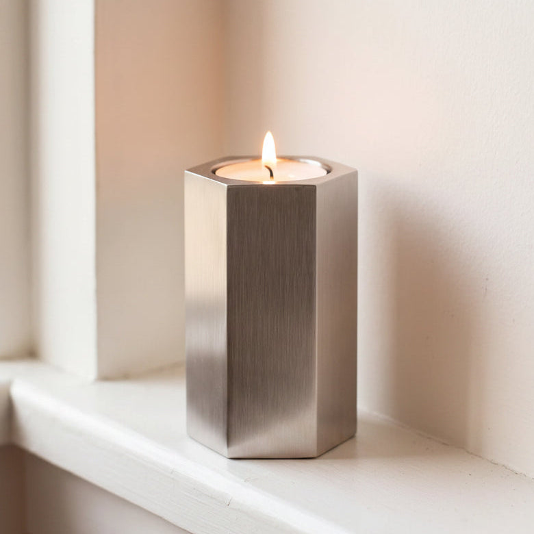 Hexagon-Candle-Extra-Small-Urn-for-Ashes-in-Stainless-Steel-keepsake_tealight_ledge