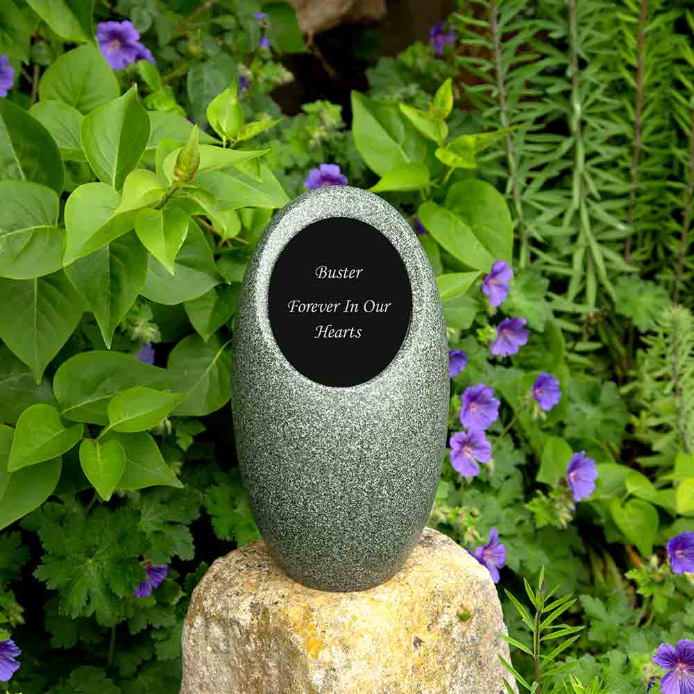 HighDown Outdoor Urn for Ashes with Plaque Black Perspex on Rock