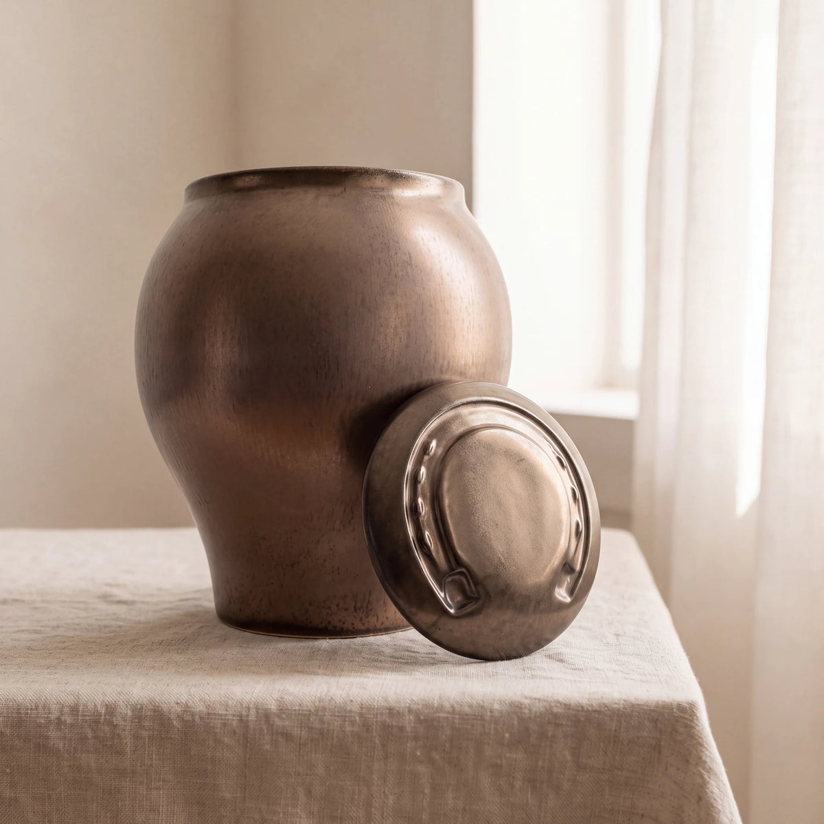 Horse-Cremation-Urn-for-Ashes-in-Antic-Gold-Linen-Table