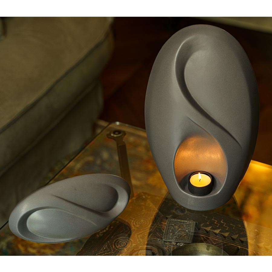 Infinity Ashes Keepsake Urn Charcoal Grey with Adult Urn Top View on Table