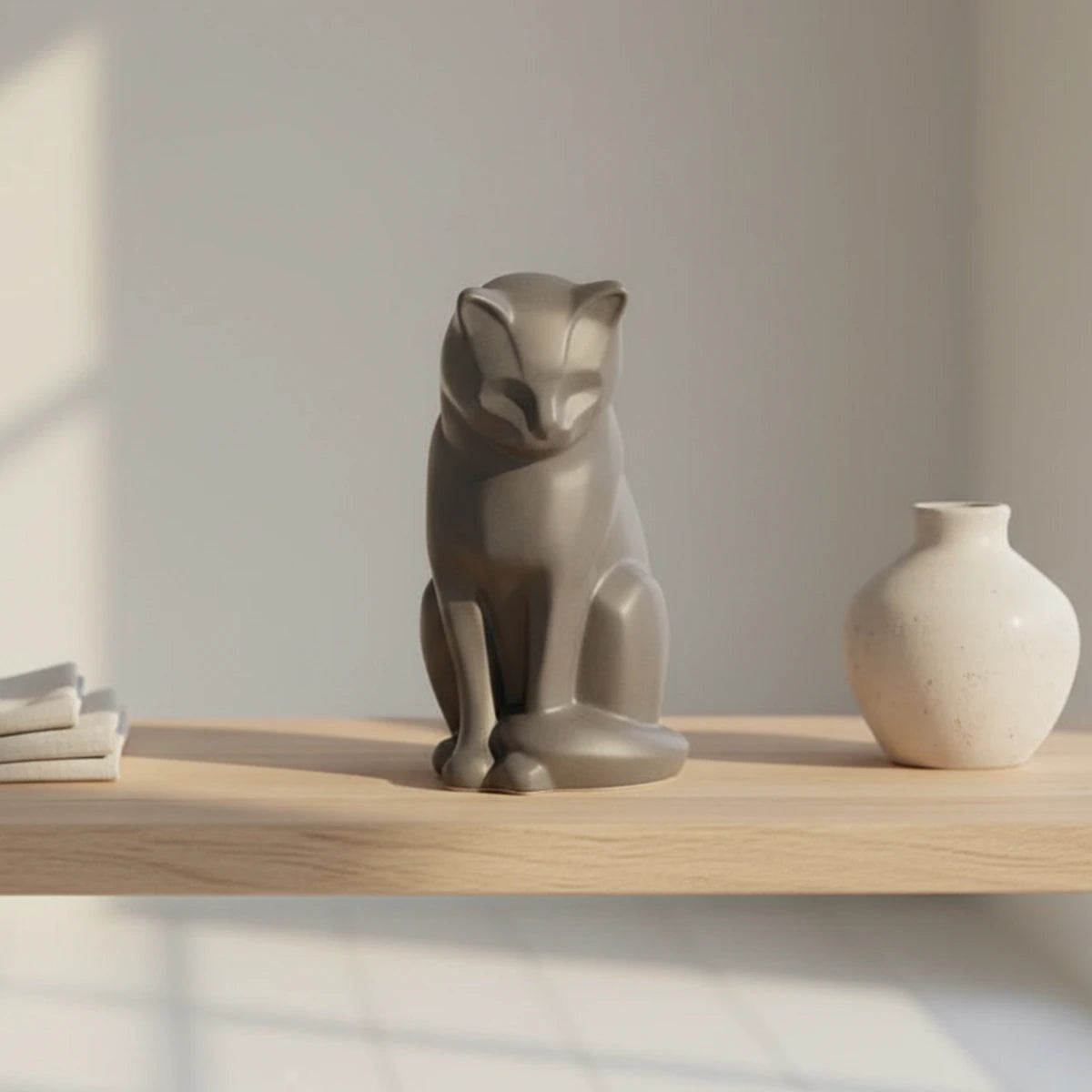 Kitten Urn For Ashes Matte Grey on Shelf in Living Room