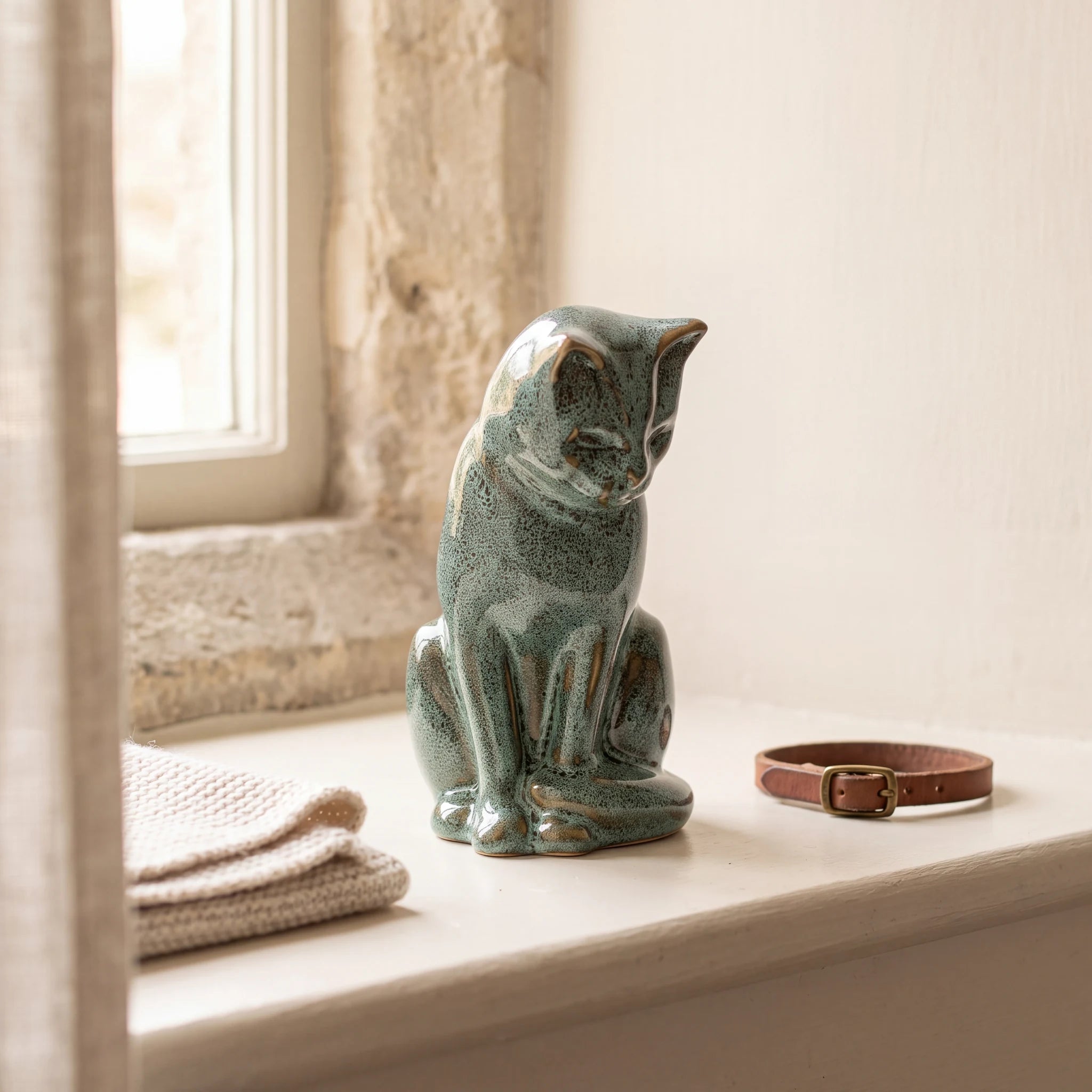 Kitten-Urn-for-Ashes-in-Oily-Green-pet_sunny_sill