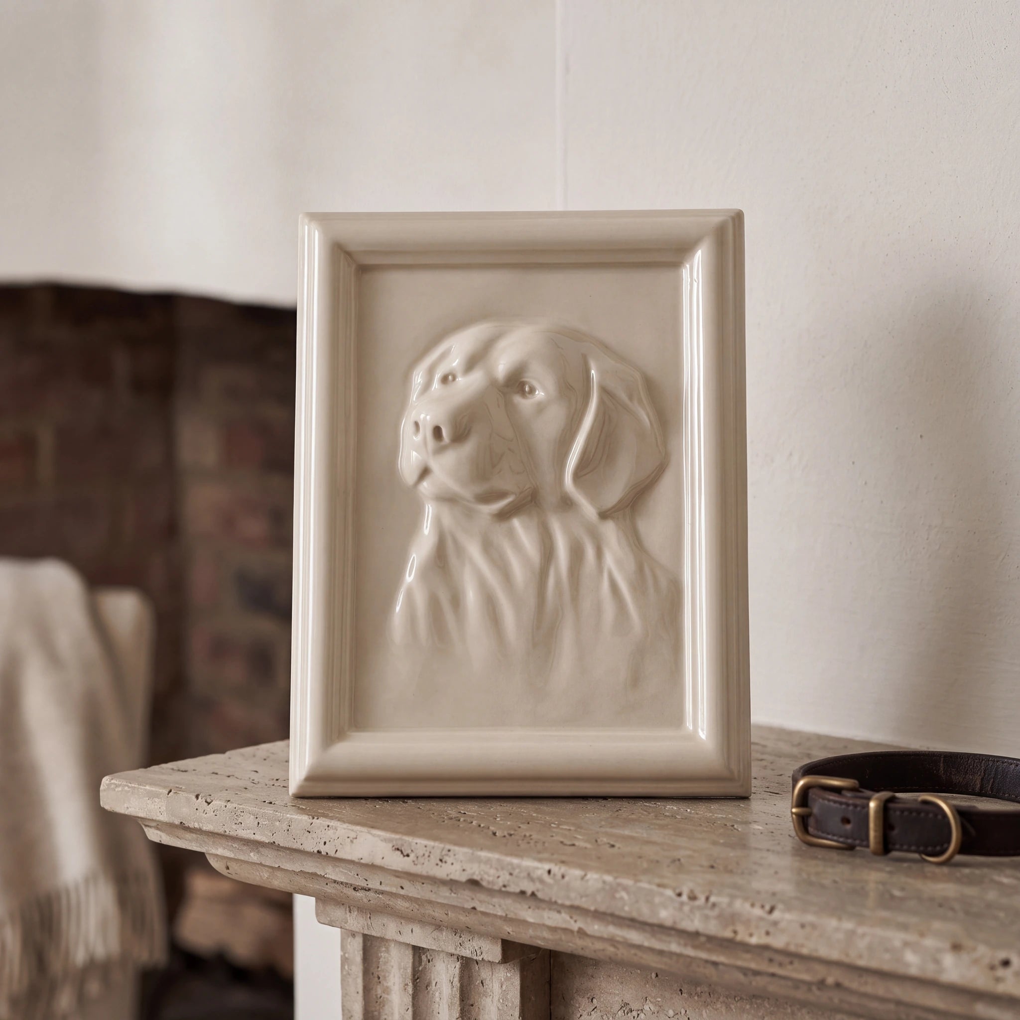 Labrador-Portrait-Dog-Urn-for-Ashes-in-Cream-On-the-Mantelpiece