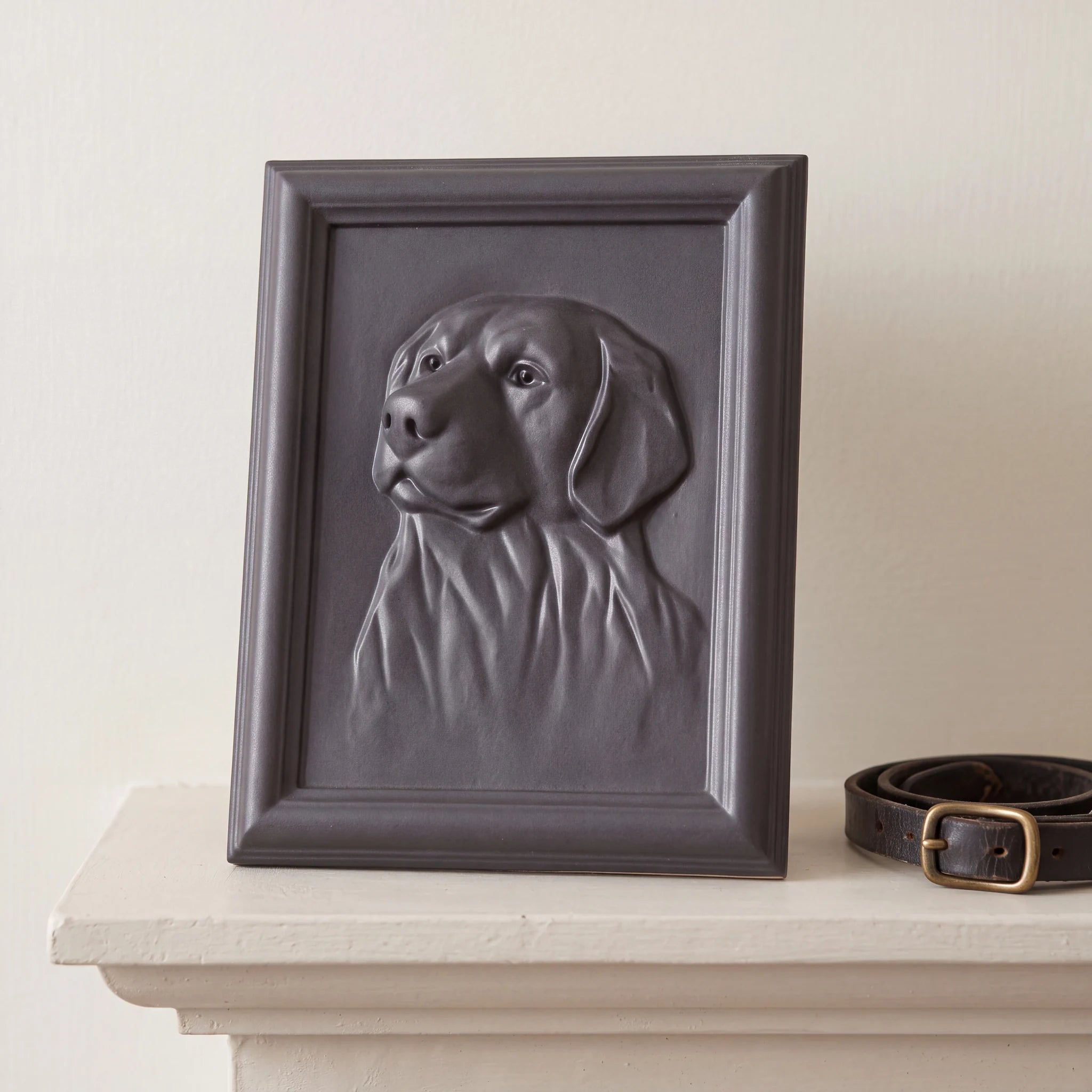 Labrador-Portrait-Dog-Urn-for-Ashes-in-Matte-Grey-On-the-Mantelpiece