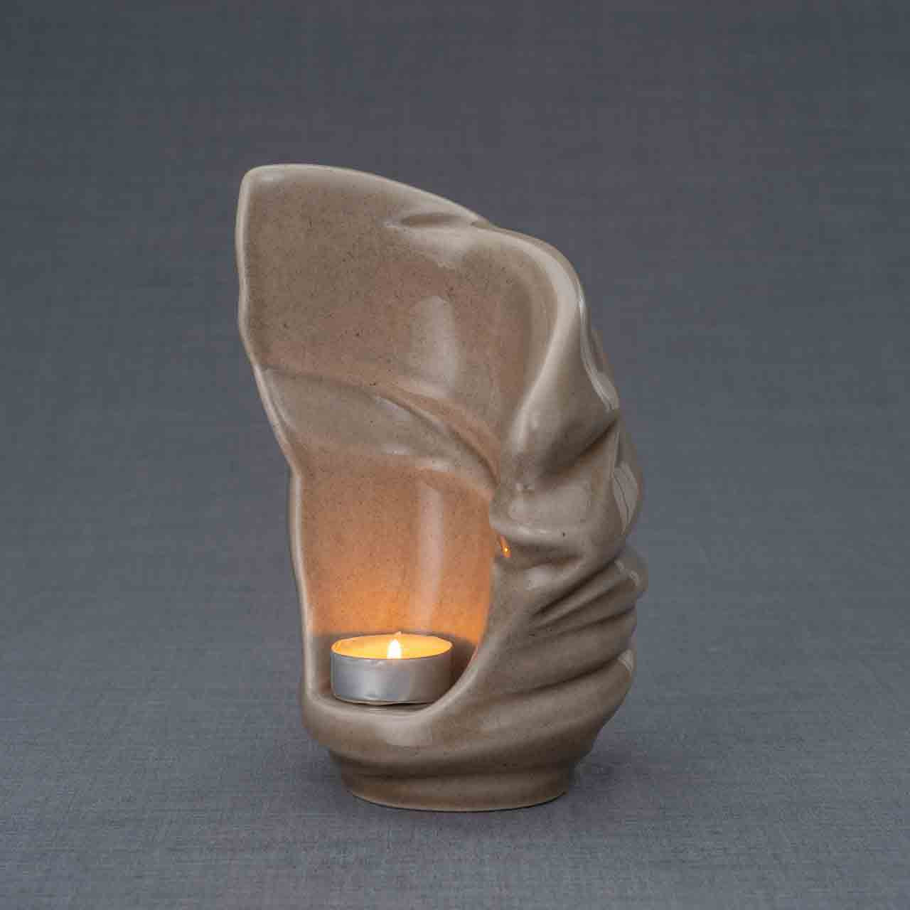 Light Ashes Keepsake Urn in Dark Beige Turned Left Grey Background