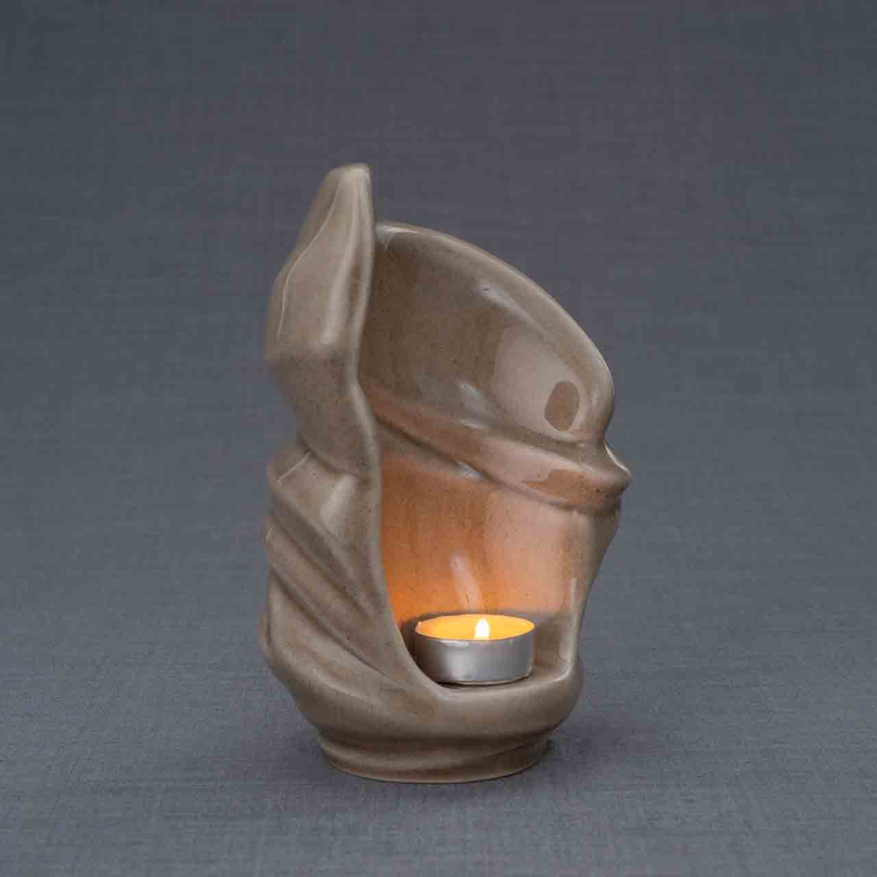 Light Ashes Keepsake Urn in Dark Beige Turned Right Grey Background