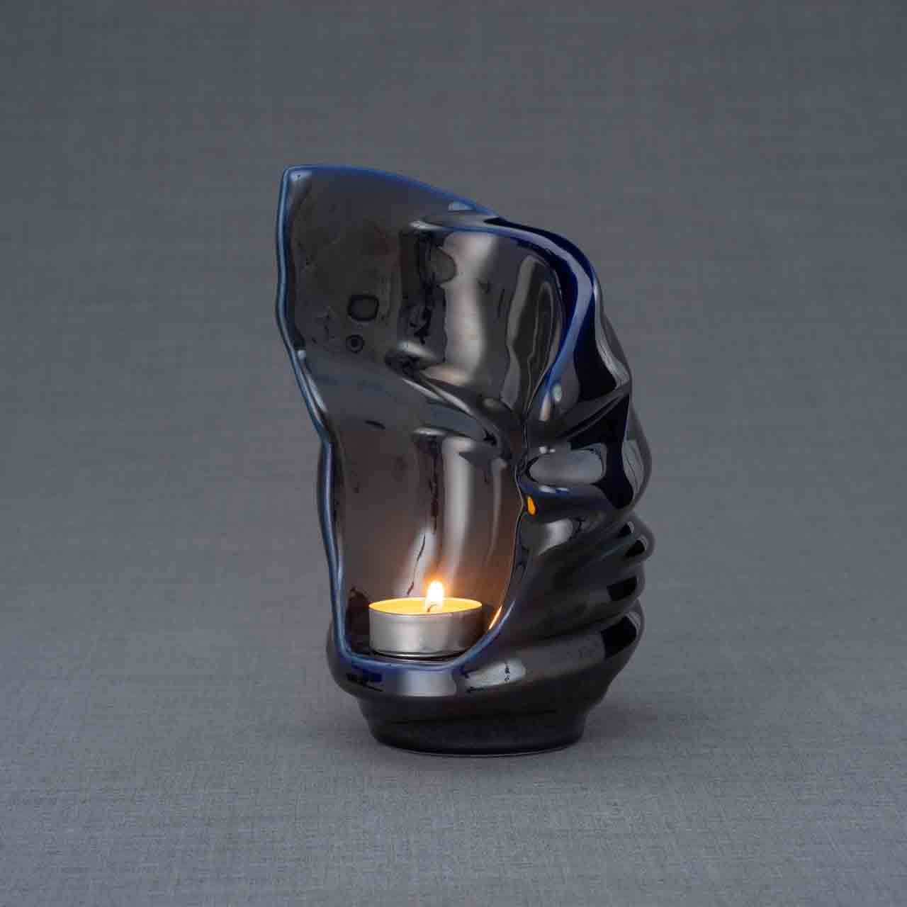 Light Ashes Keepsake Urn in Metallic Blue Facing Left Grey Background