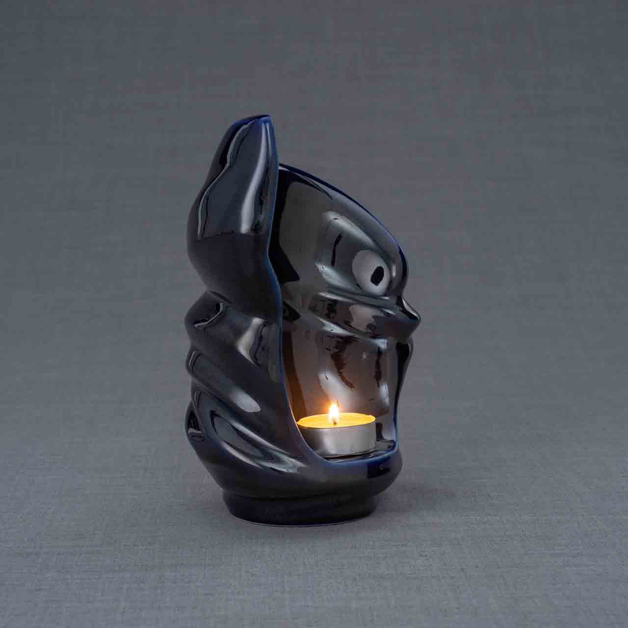 Light Ashes Keepsake Urn in Metallic Blue Facing Right Grey Background