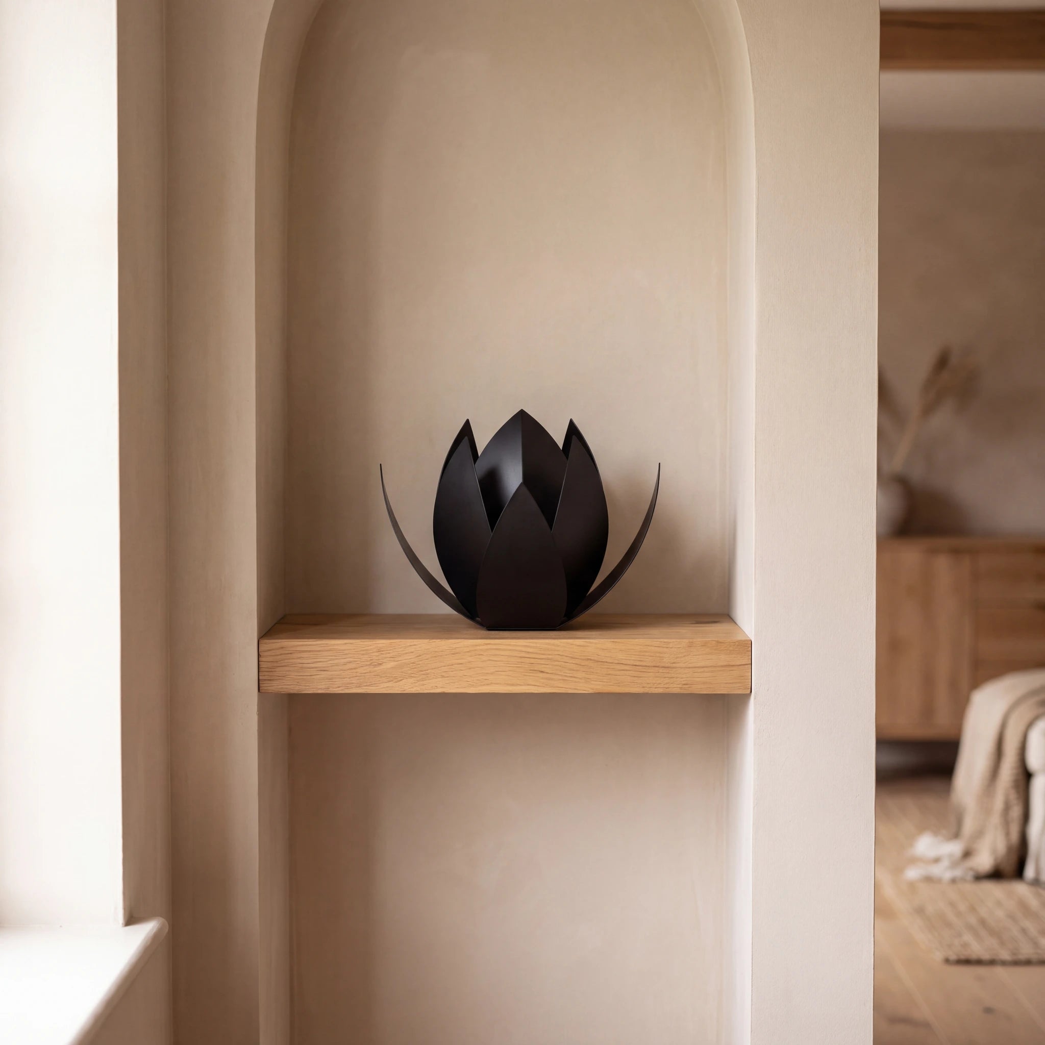 Lotus-Pet-Urn-for-Ashes-in-Matte-Black-Stainless-Steel-RESERVED-alcove