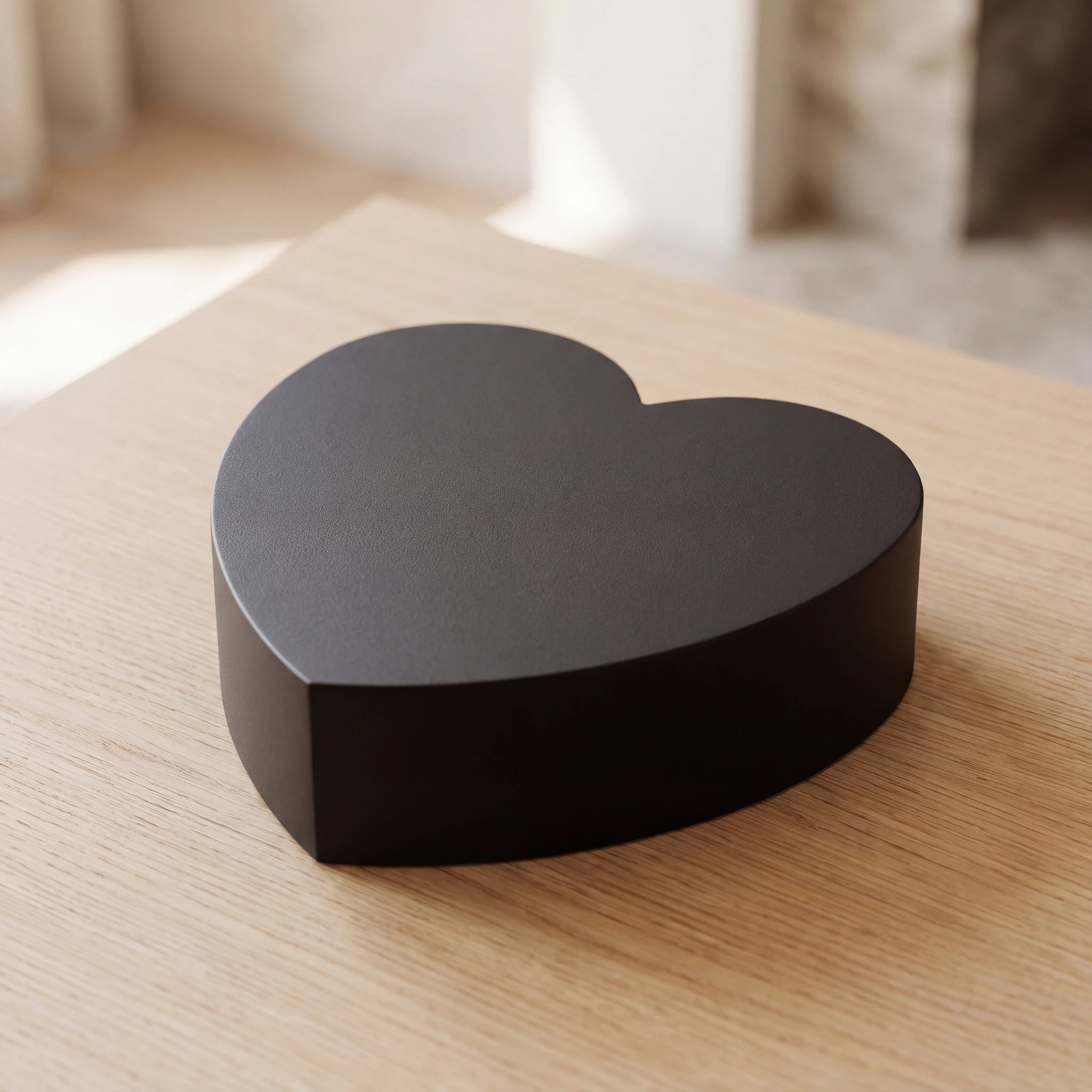 Love-Heart-Adult-Cremation-Urn-for-Ashes-in-Matte-Black-Stainless-Steel-On-Oak