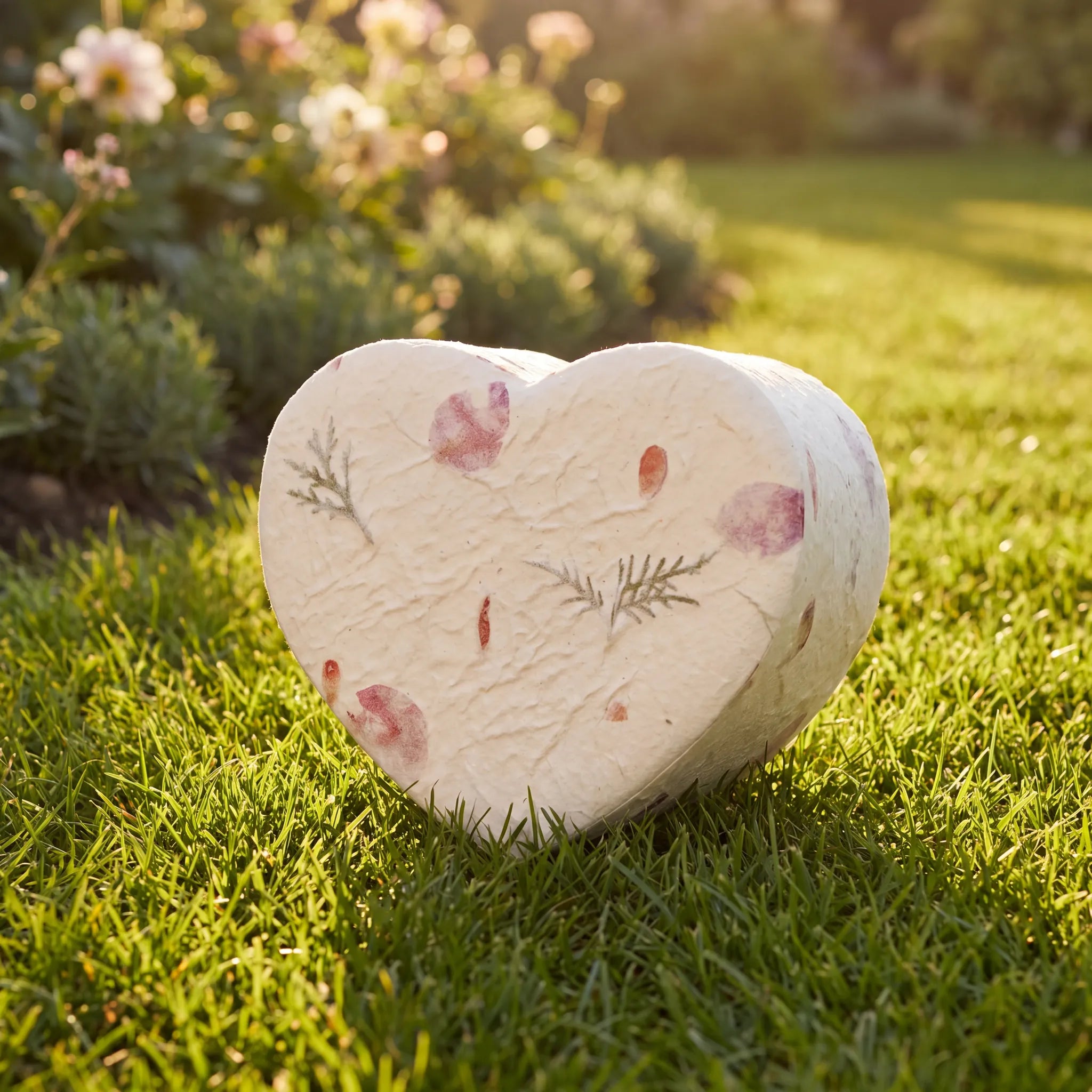 Love-Heart-Biodegradable-Urn-for-Ashes-in-Floral-Adult-In-the-Garden