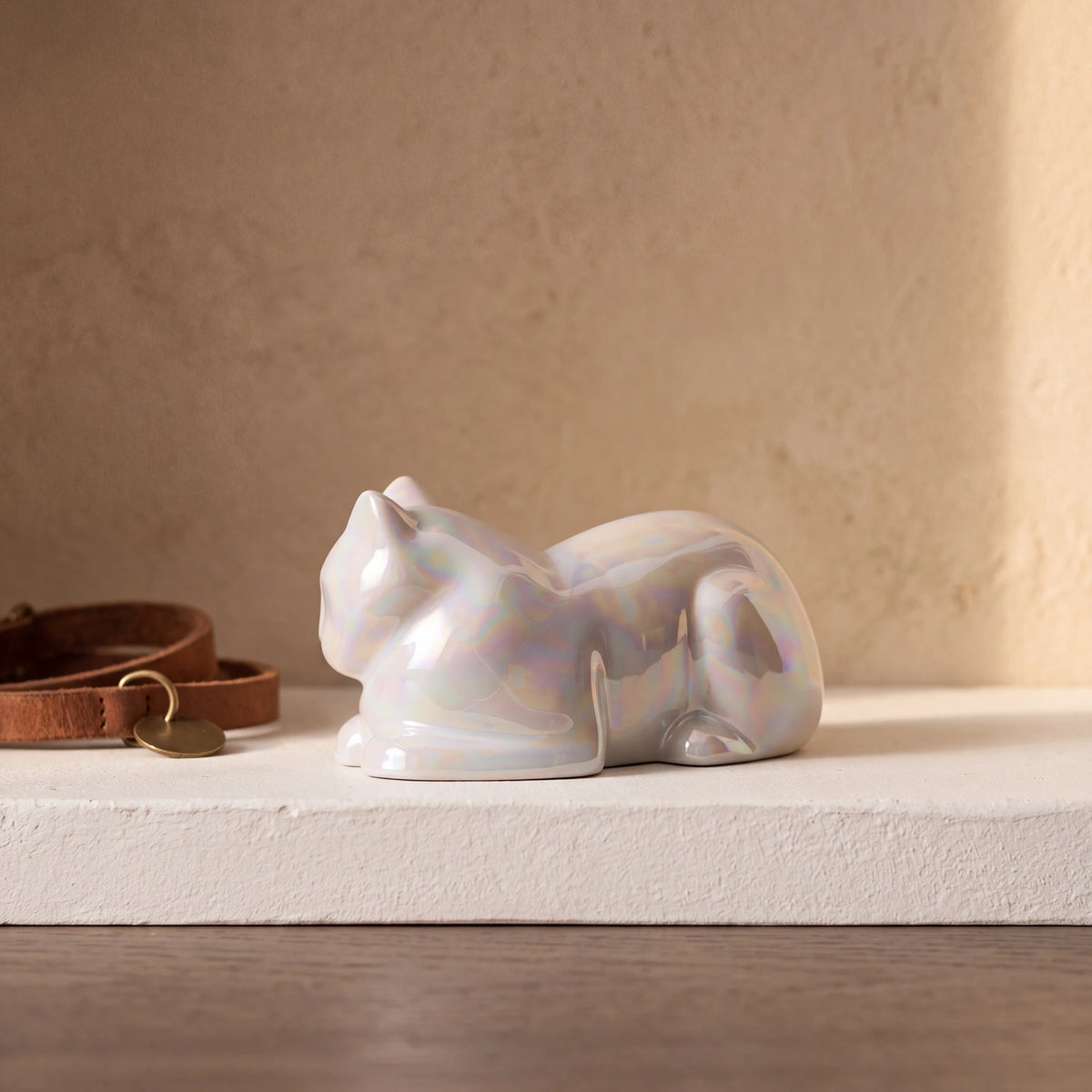 Lying-Cat-Mini-Urn-for-Ashes-in-Pearlescent-White-pet_collar_ledge