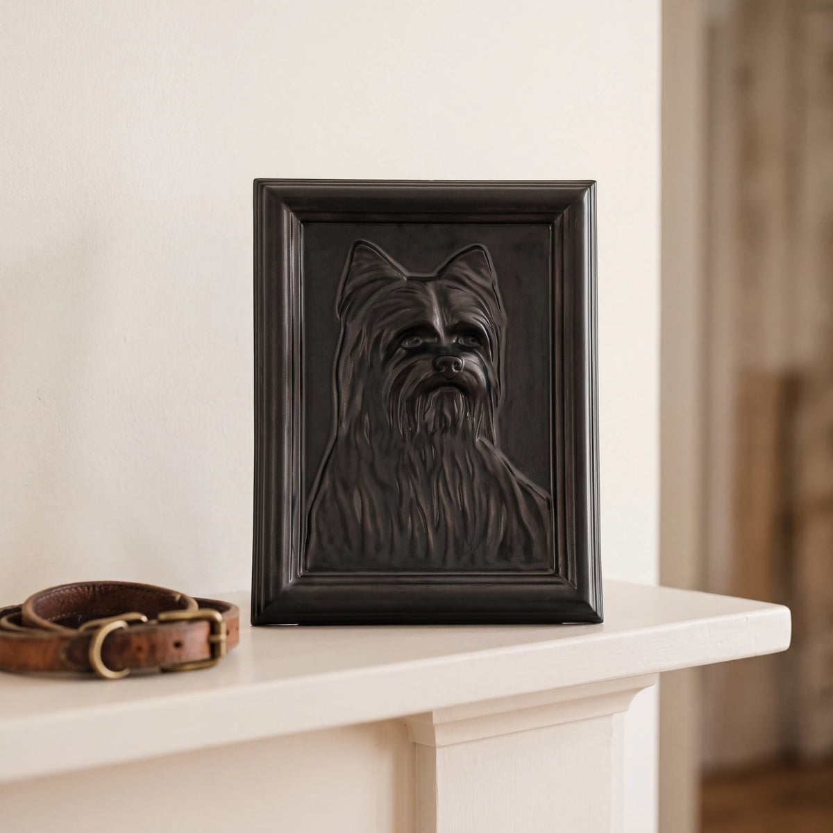 Male-Yorkie-Portrait-Dog-Urn-for-Ashes-in-Matte-Black-On-the-Mantelpiece