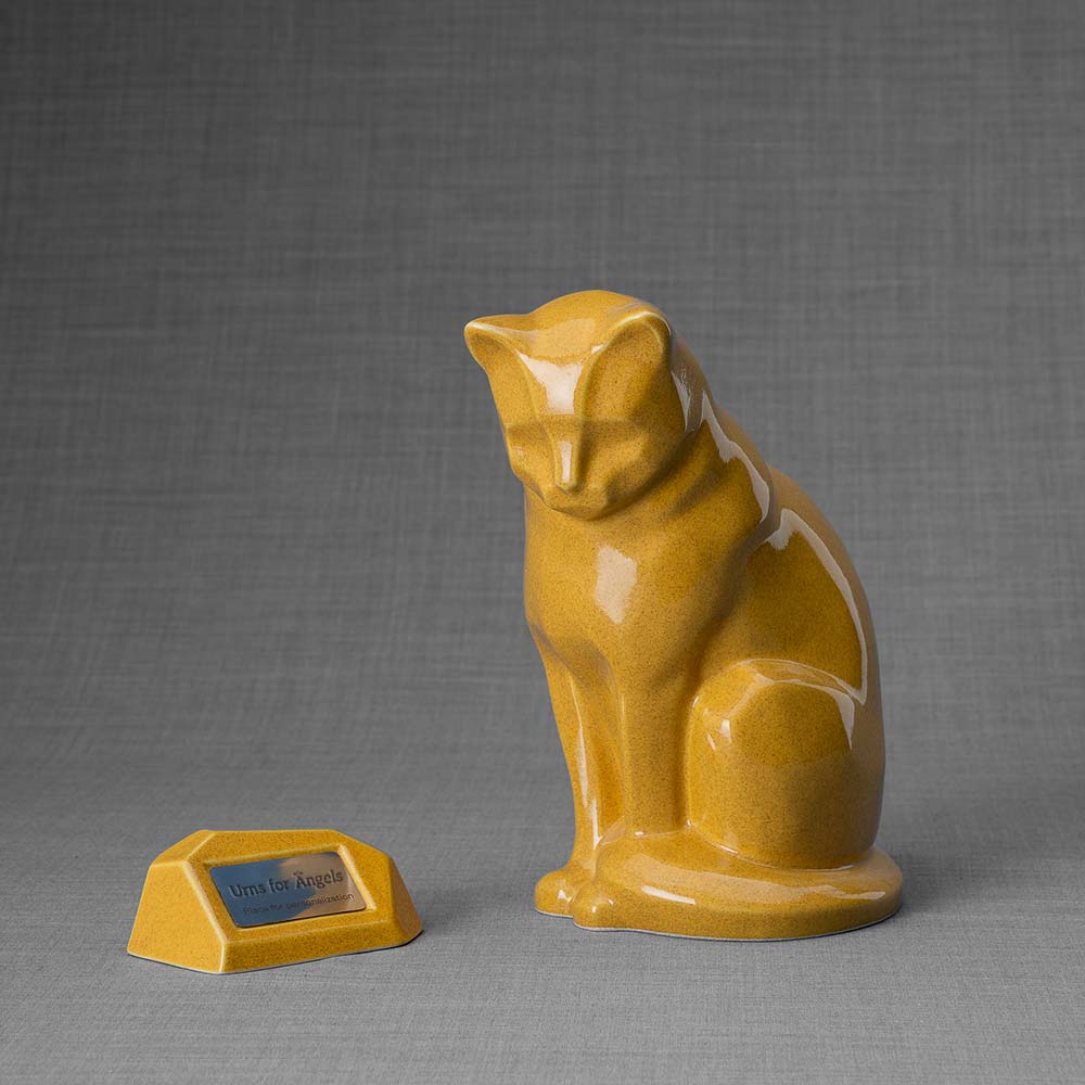 sitting cat urn for ashes in amber base