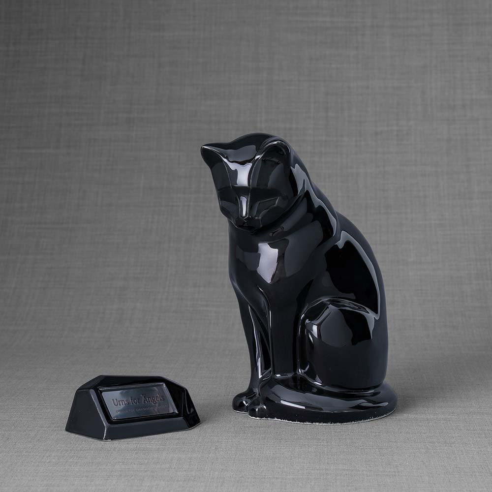 Memorial Nameplate Holder Glossy Black with Sitting Cat